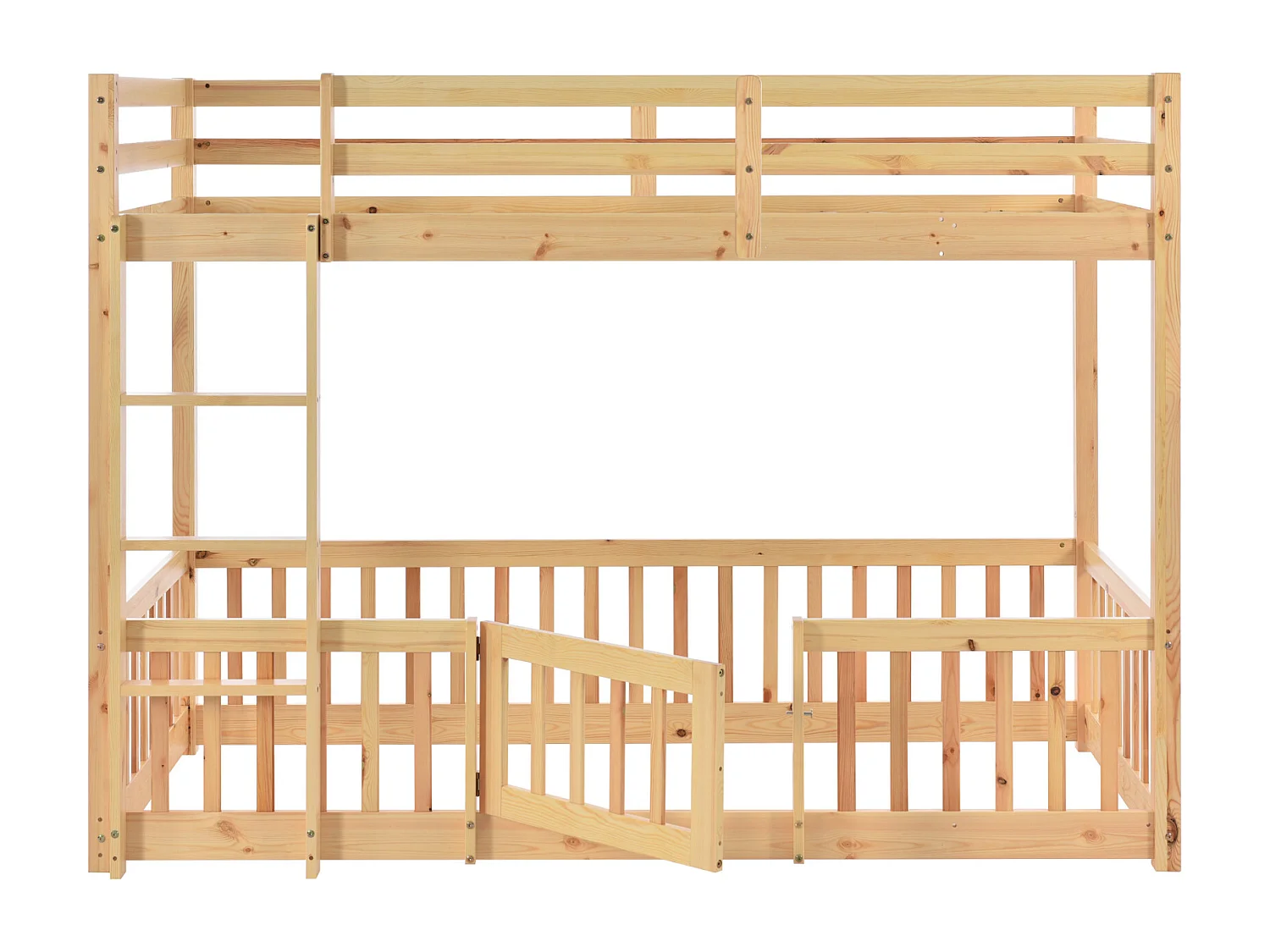 Stapelbed met haakse ladder, bed met hekken en poorten, kinderbed met valbeveiliging en spijlen, massief hout, naturel (200x90cm)