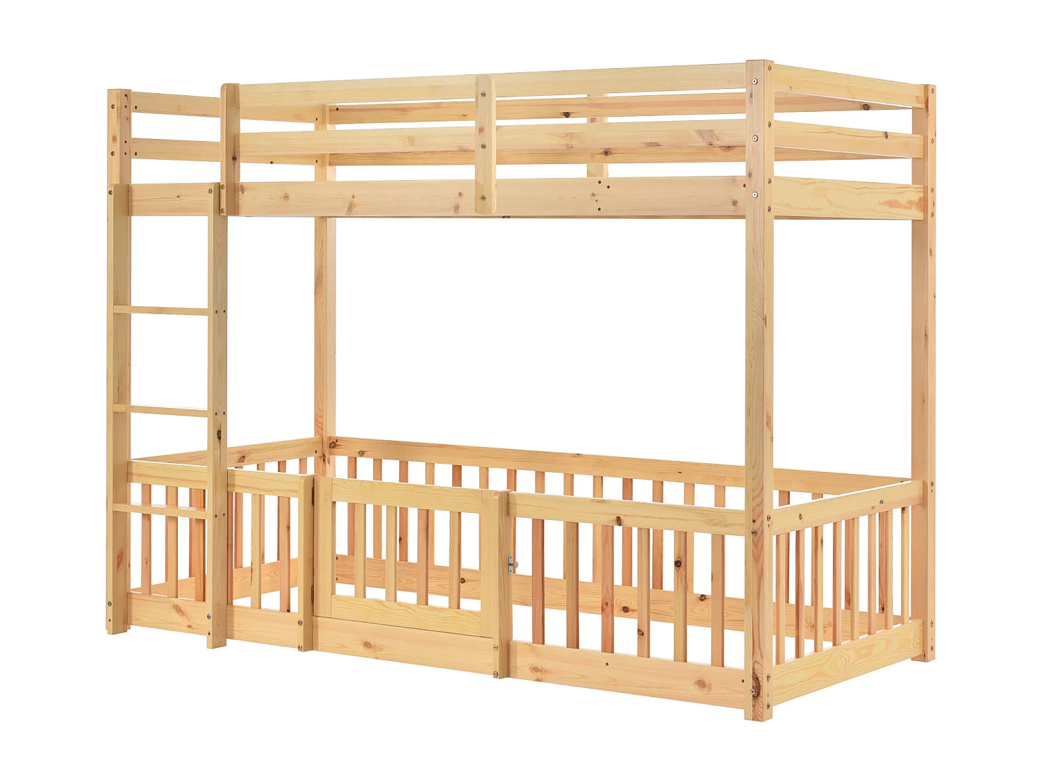 Stapelbed met haakse ladder, bed met hekken en poorten, kinderbed met valbeveiliging en spijlen, massief hout, naturel (200x90cm)
