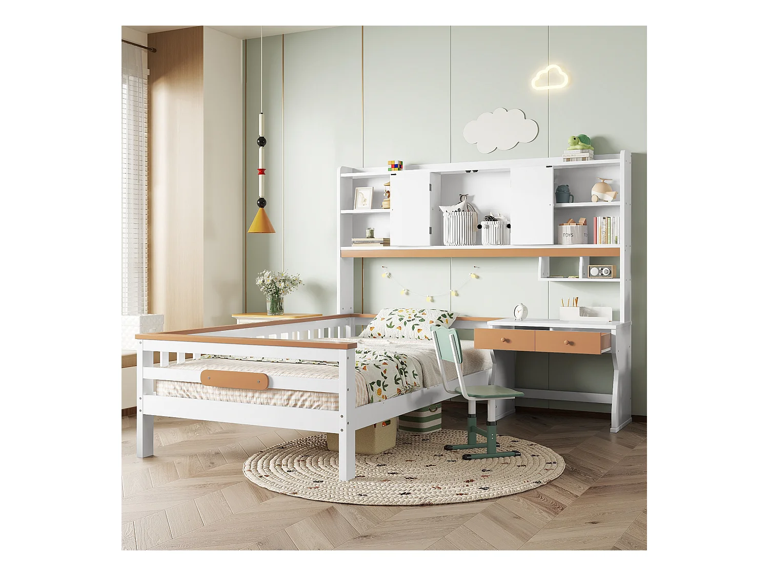 Lit enfant, rangement, table, tiroirs, panneau de protection, sommier à lattes, L, blanc+naturel, pin+MDF+multicouche, 90x200cm