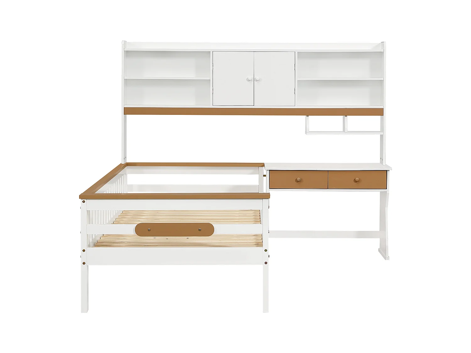 Lit enfant, rangement, table, tiroirs, panneau de protection, sommier à lattes, L, blanc+naturel, pin+MDF+multicouche, 90x200cm