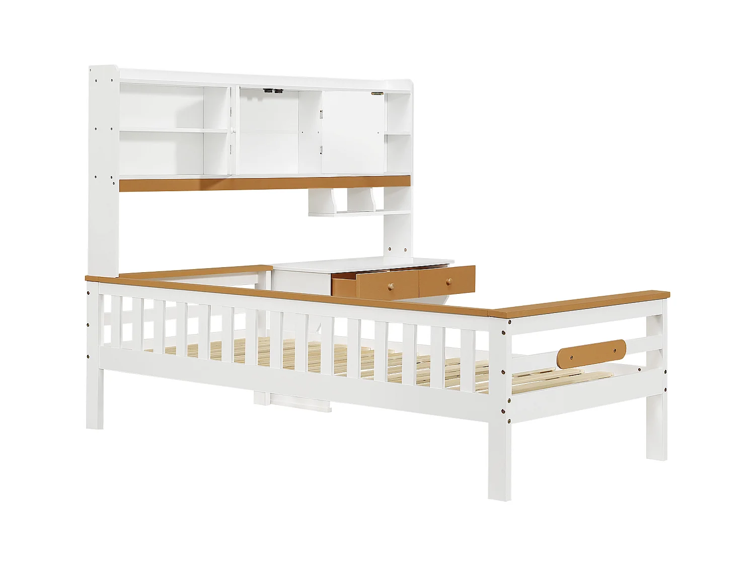 Lit enfant, rangement, table, tiroirs, panneau de protection, sommier à lattes, L, blanc+naturel, pin+MDF+multicouche, 90x200cm