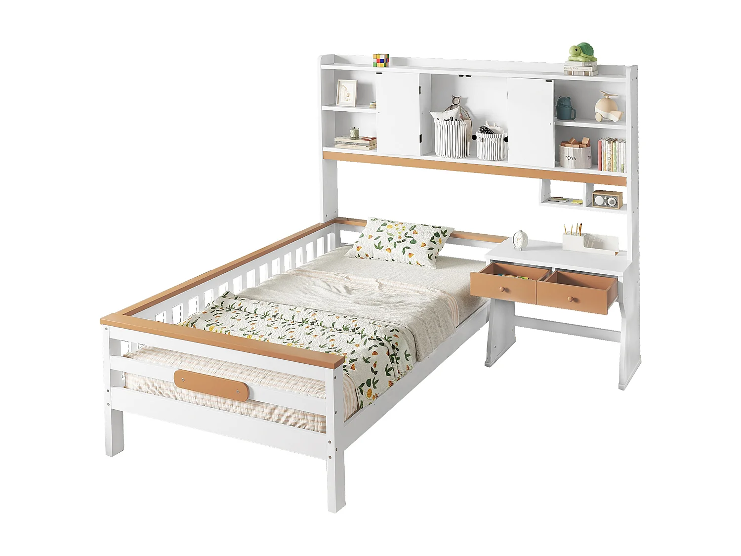 Letto per bambini, contenitore, tavolo, cassetti, pannello protettivo, rete a doghe, L, bianco+naturale, pino+MDF+multistrato, 90x200cm