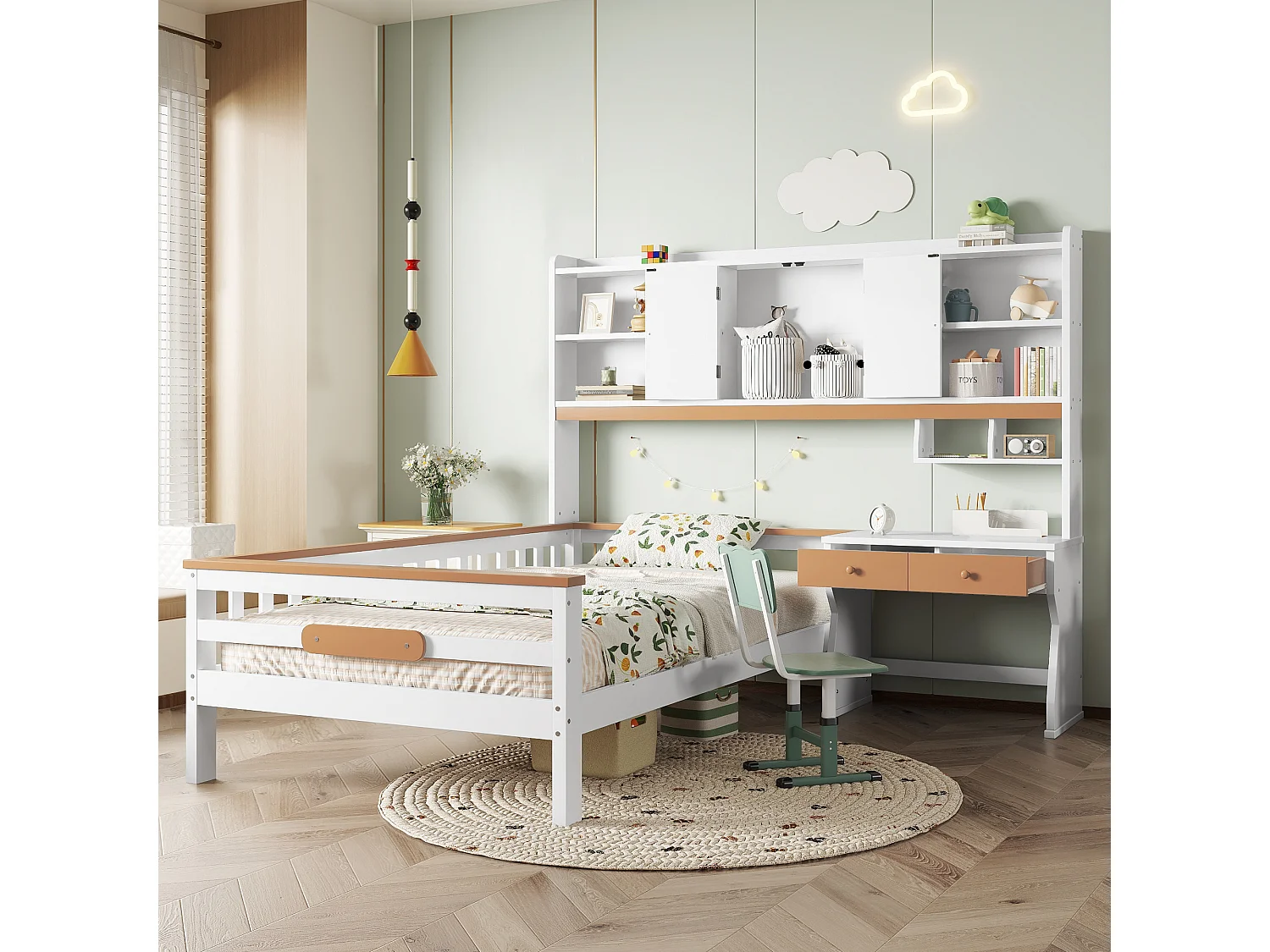 Letto per bambini, contenitore, tavolo, cassetti, pannello protettivo, rete a doghe, L, bianco+naturale, pino+MDF+multistrato, 90x200cm