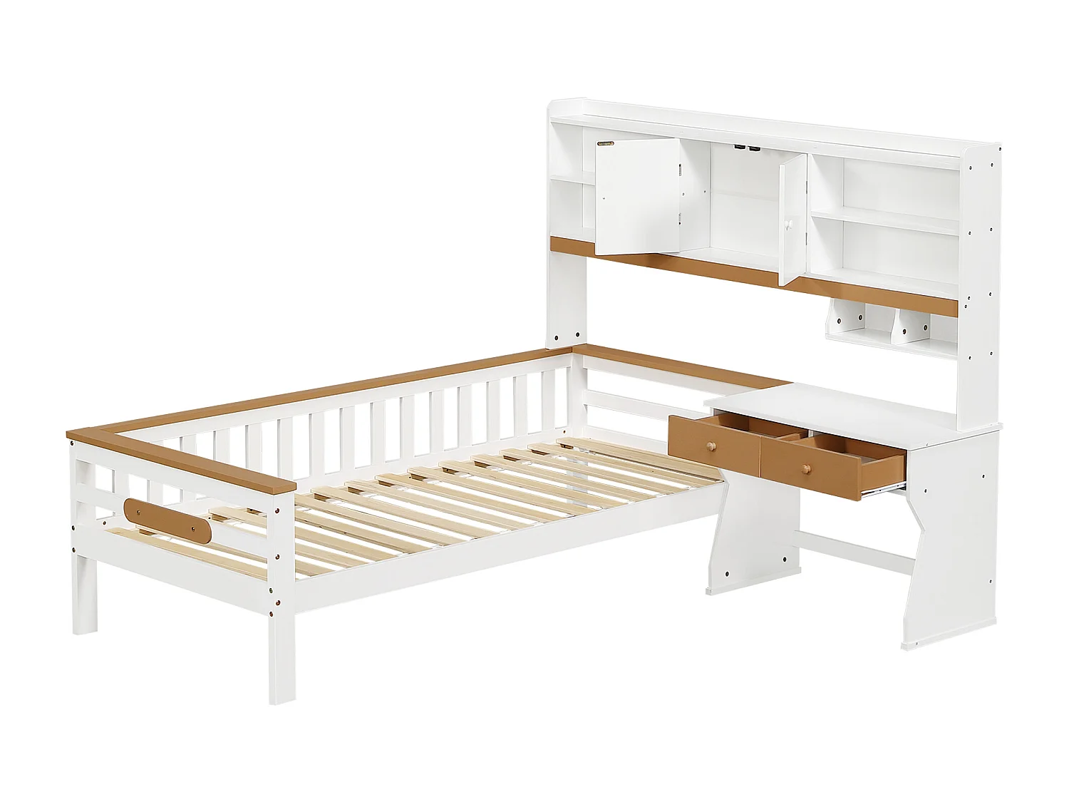 Letto per bambini, contenitore, tavolo, cassetti, pannello protettivo, rete a doghe, L, bianco+naturale, pino+MDF+multistrato, 90x200cm