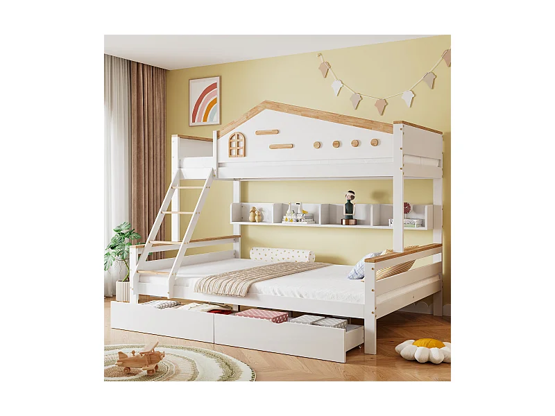 Lit superposé pour enfant, porte de sécurité (contraste), 2 tiroirs, fenêtre, échelle 4 marches (tiroirs), étagère, pin+MDF, blanc+naturel, 90/140x200cm