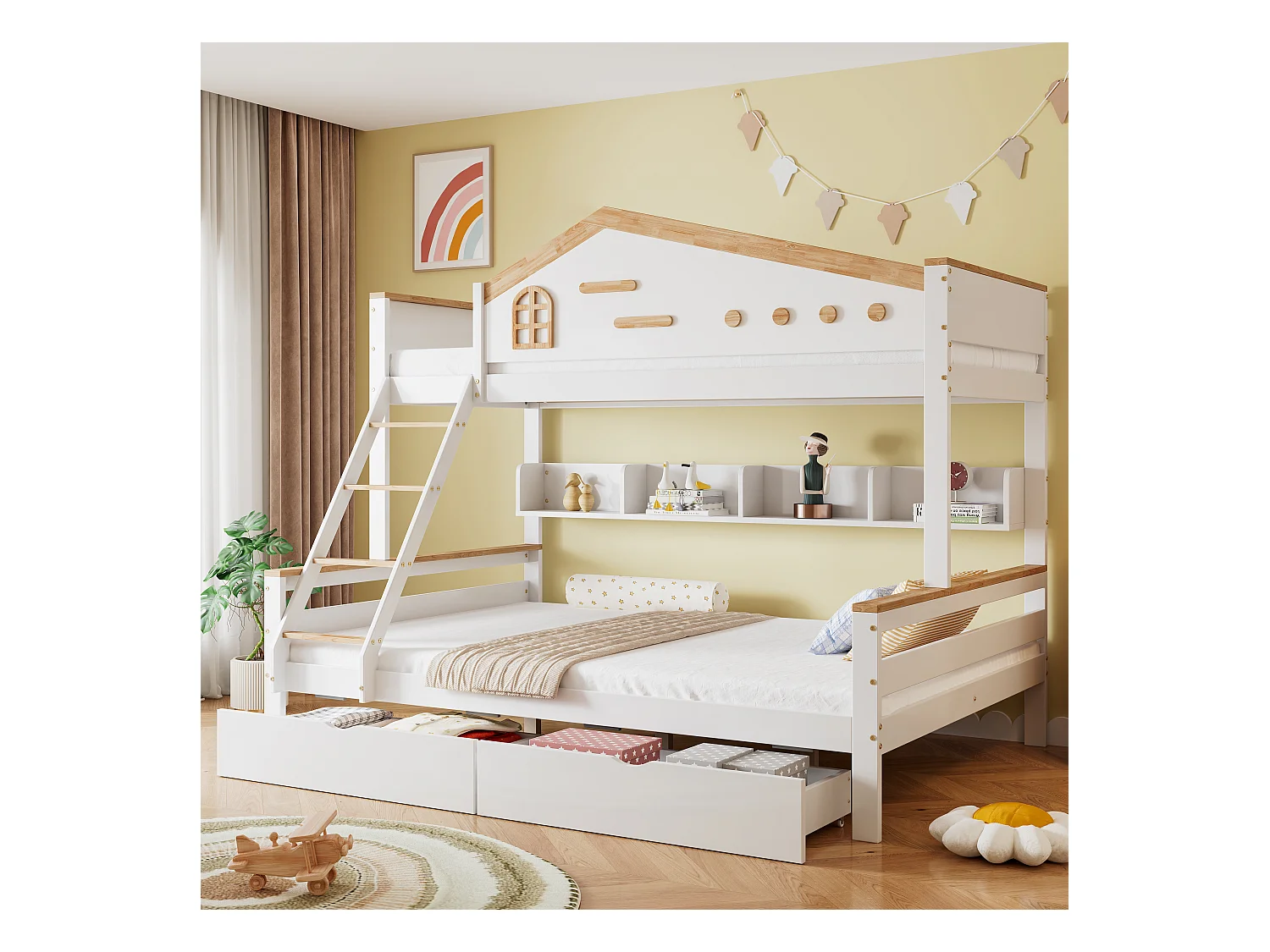 Lit superposé pour enfant, porte de sécurité (contraste), 2 tiroirs, fenêtre, échelle 4 marches (tiroirs), étagère, pin+MDF, blanc+naturel, 90/140x200cm