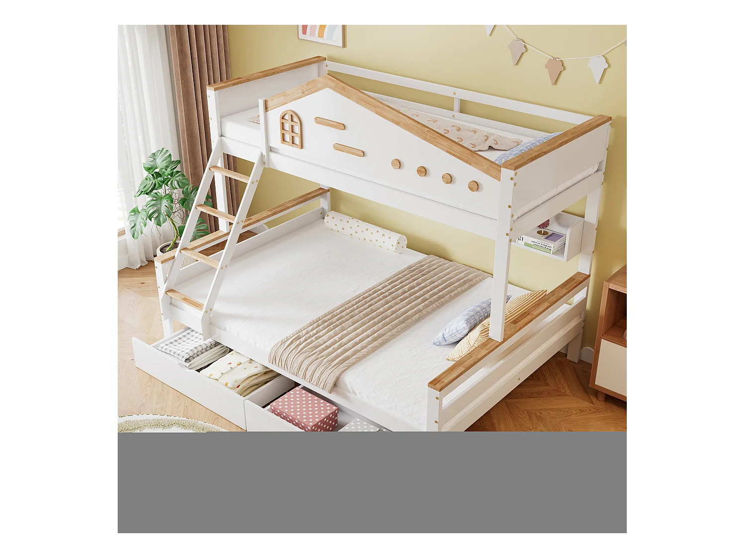 Lit superposé pour enfant, porte de sécurité (contraste), 2 tiroirs, fenêtre, échelle 4 marches (tiroirs), étagère, pin+MDF, blanc+naturel, 90/140x200cm