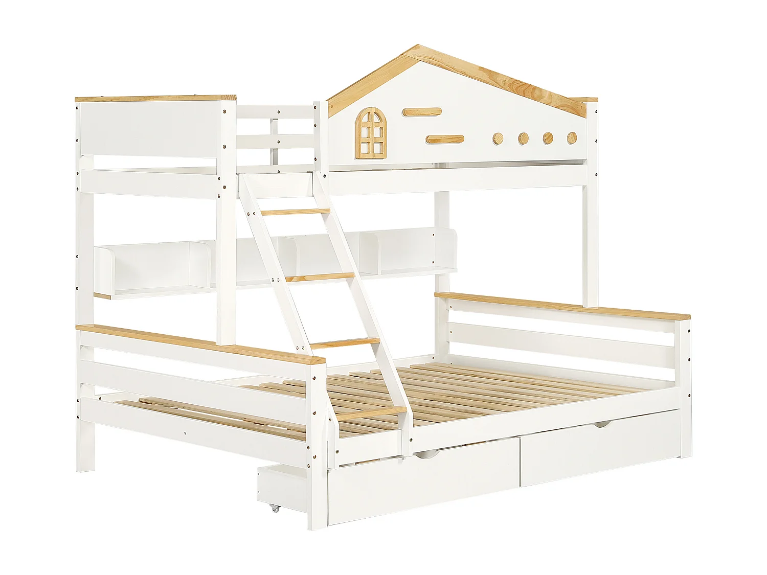 Lit superposé pour enfant, porte de sécurité (contraste), 2 tiroirs, fenêtre, échelle 4 marches (tiroirs), étagère, pin+MDF, blanc+naturel, 90/140x200cm