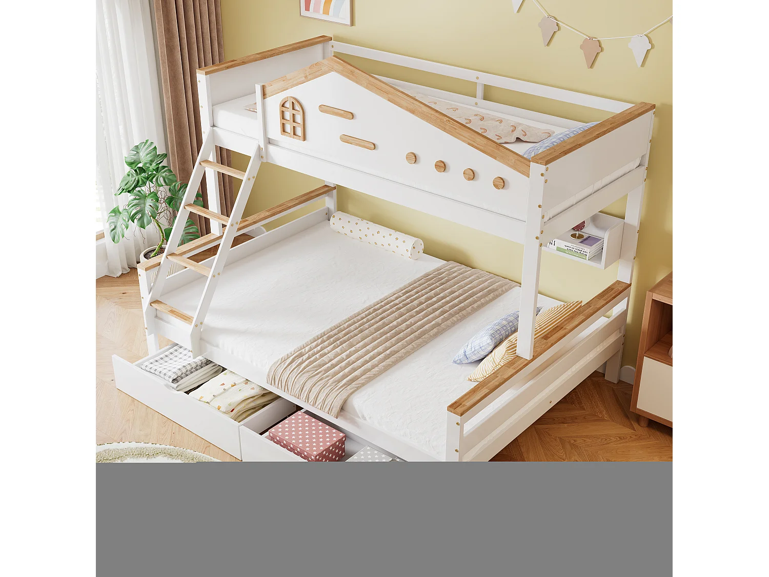 Lit superposé pour enfant, porte de sécurité (contraste), 2 tiroirs, fenêtre, échelle 4 marches (tiroirs), étagère, pin+MDF, blanc+naturel, 90/140x200cm