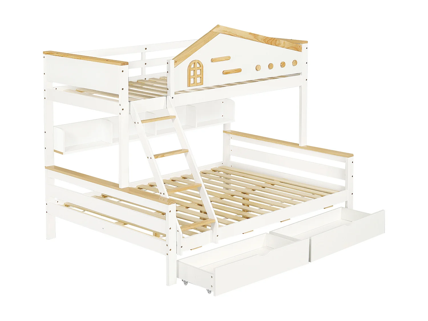 Lit superposé pour enfant, porte de sécurité (contraste), 2 tiroirs, fenêtre, échelle 4 marches (tiroirs), étagère, pin+MDF, blanc+naturel, 90/140x200cm