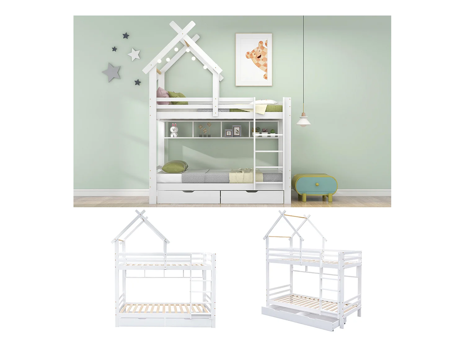 Beliche, gavetas+prateleiras, escada 3 degraus, proteção, pinho, branco, 90x200cm