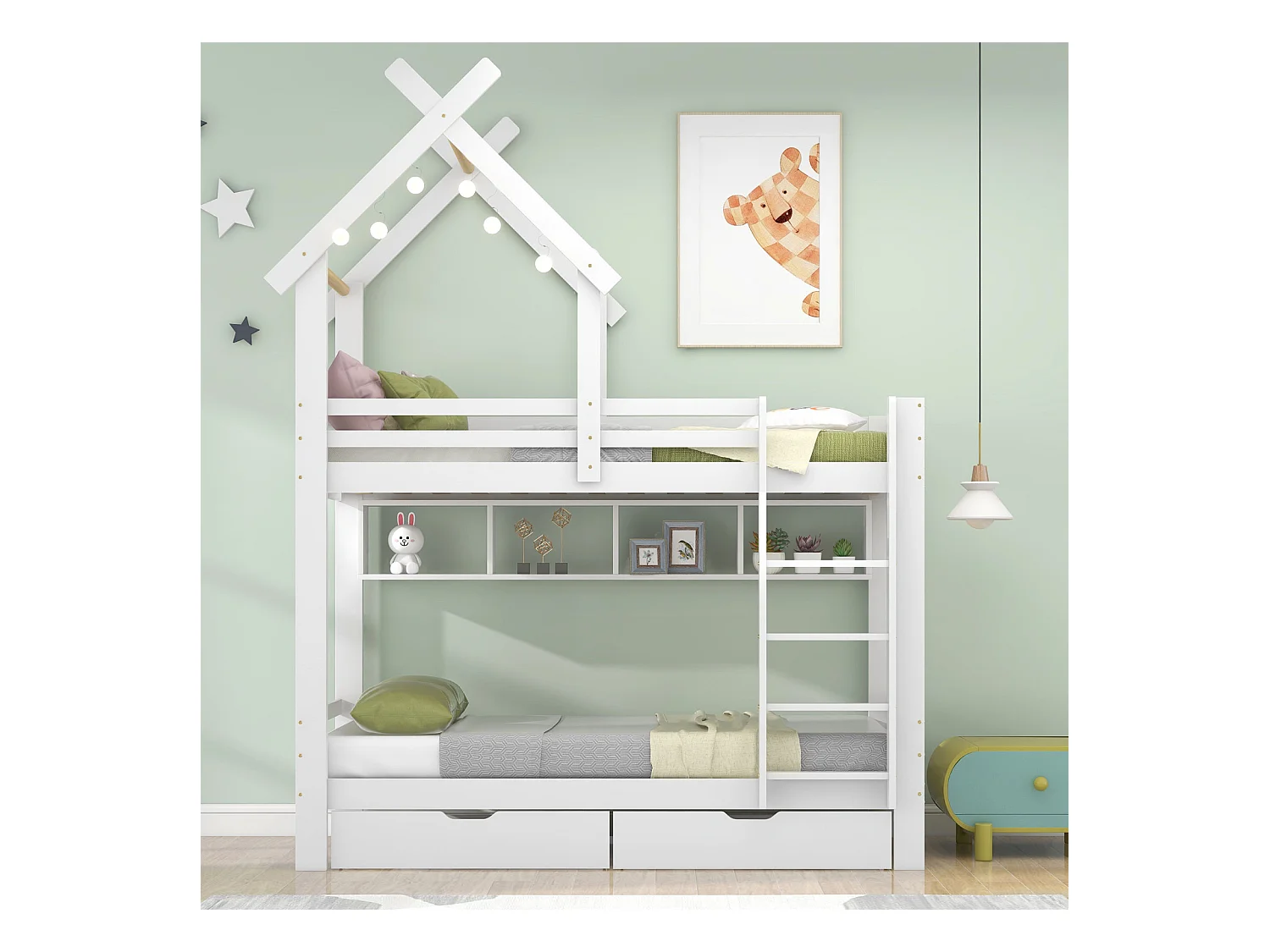 Beliche, gavetas+prateleiras, escada 3 degraus, proteção, pinho, branco, 90x200cm