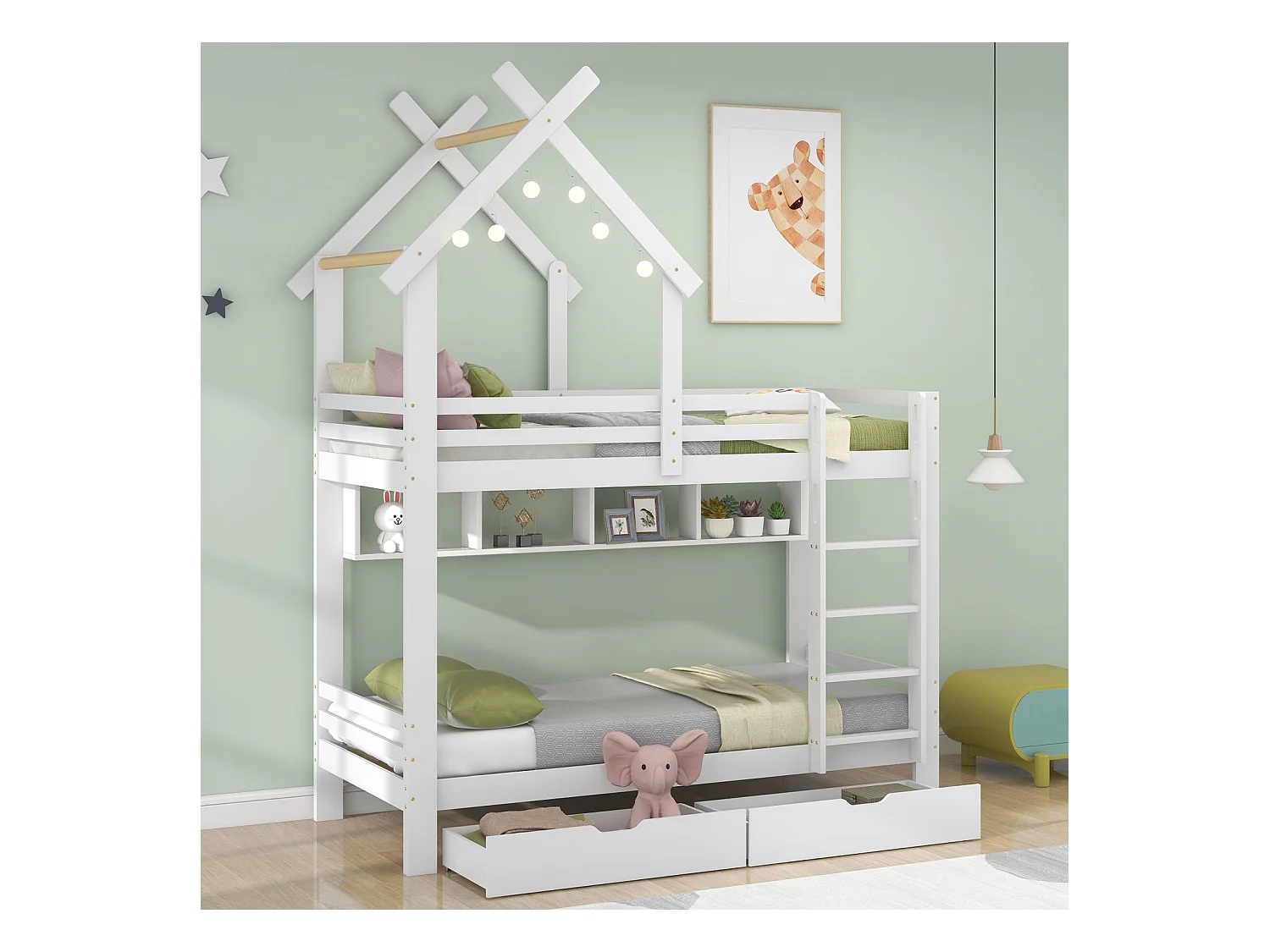 Beliche, gavetas+prateleiras, escada 3 degraus, proteção, pinho, branco, 90x200cm