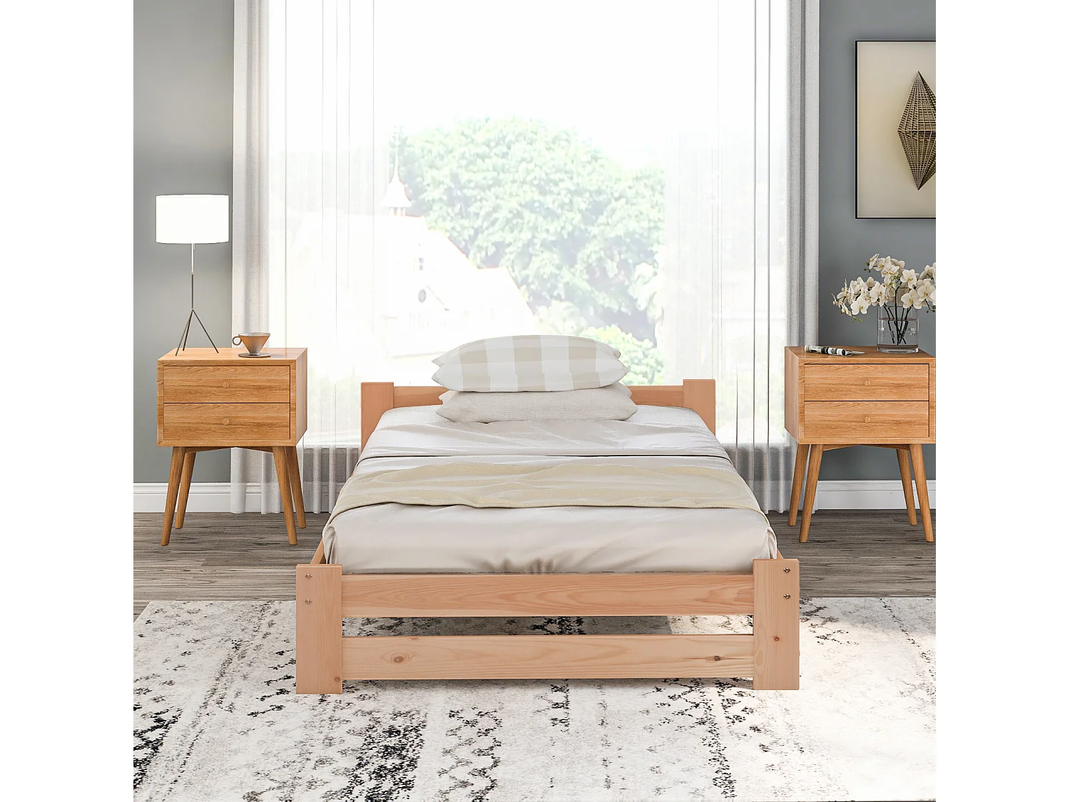 Massivholzbett, Futonbett, Natur Massivholzbett mit Kopfteil und Lattenrost, Natur (200x90cm)