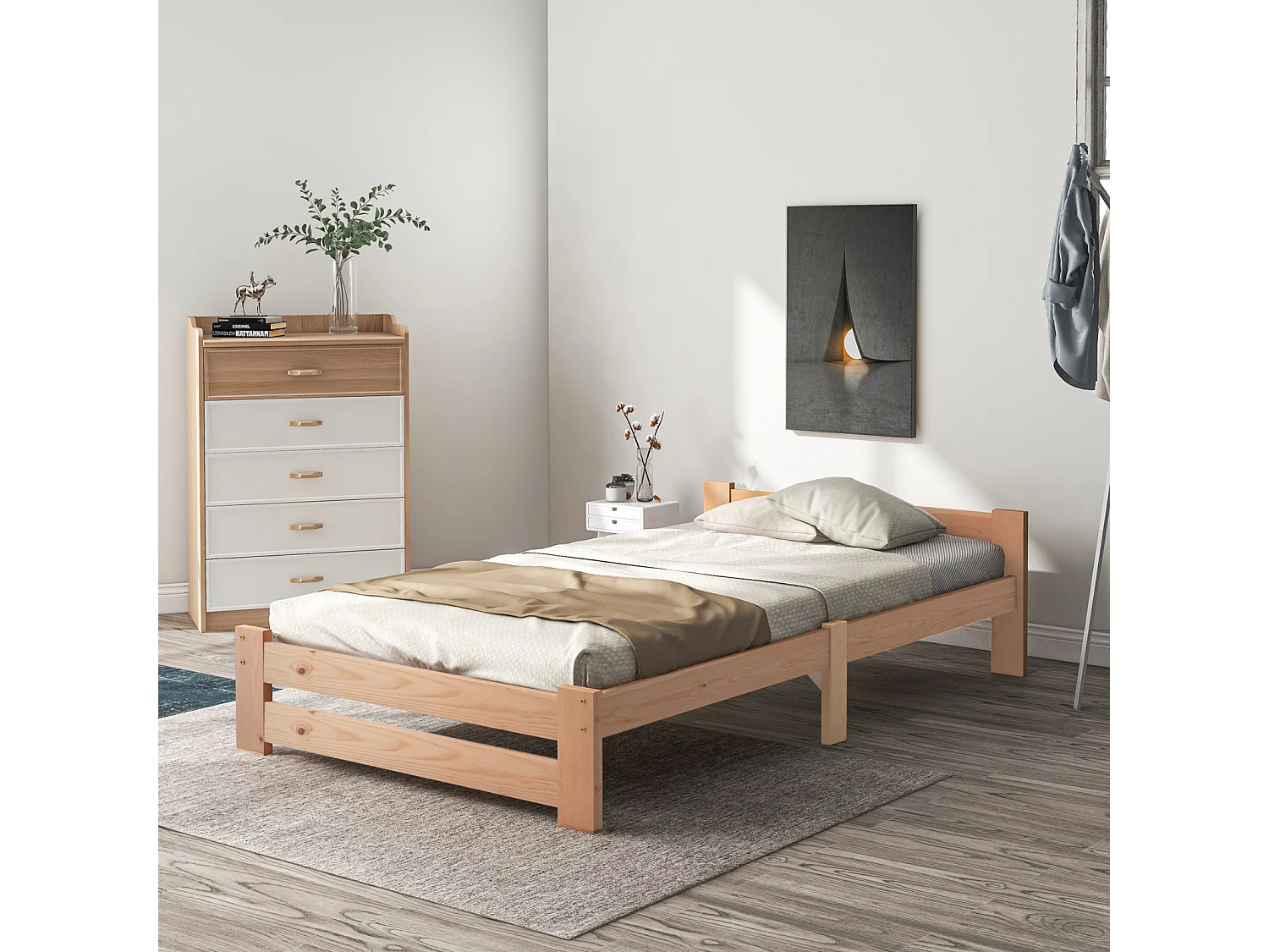 Cama de madera maciza maciza, cama futón, cama de madera maciza natural con cabecero y somier, natural (200x90cm)