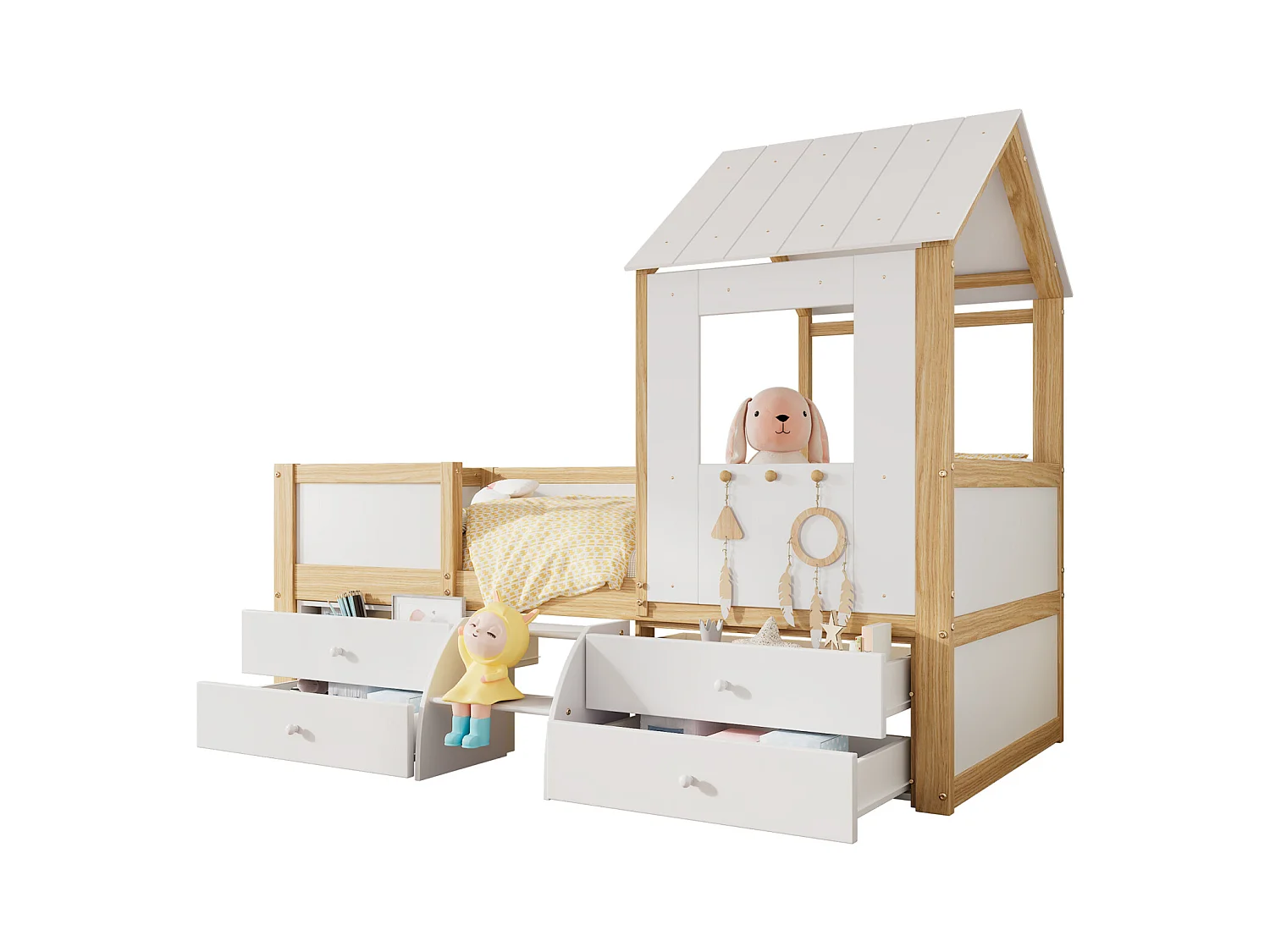 Kinderbett halbhoch, Hausbett, Dach, Fenster, 4-seitiges Geländer, 4 Schubladen, Leiter, Kiefer + MDF + Sperrholz, weiß + natur, 90 x 200 cm