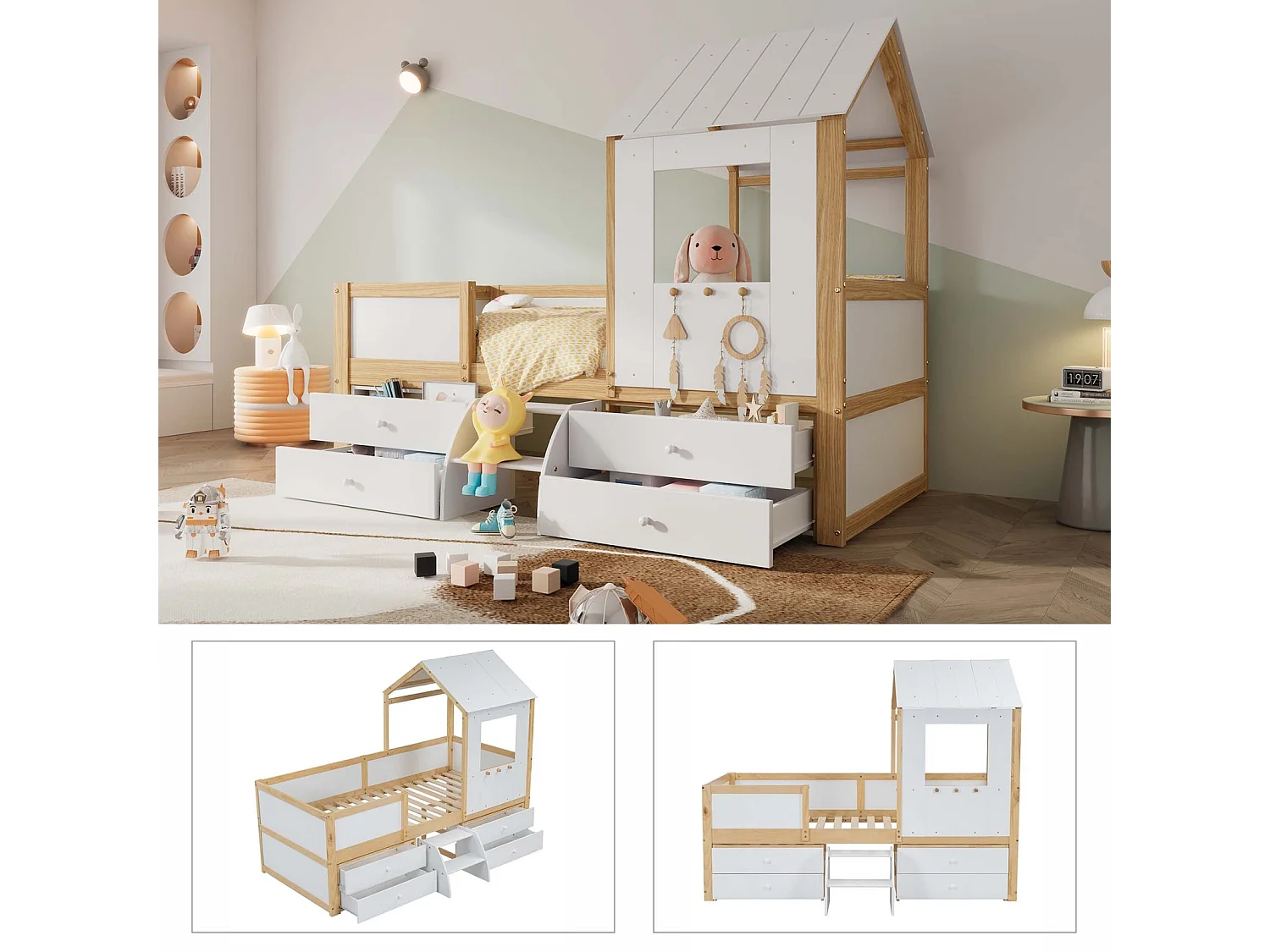 Cama infantil media altura, cama-casita, techo, ventana, valla 4 lados, 4 cajones, escalera, pino+MDF+contrachapado, blanco+natural, 90x200cm