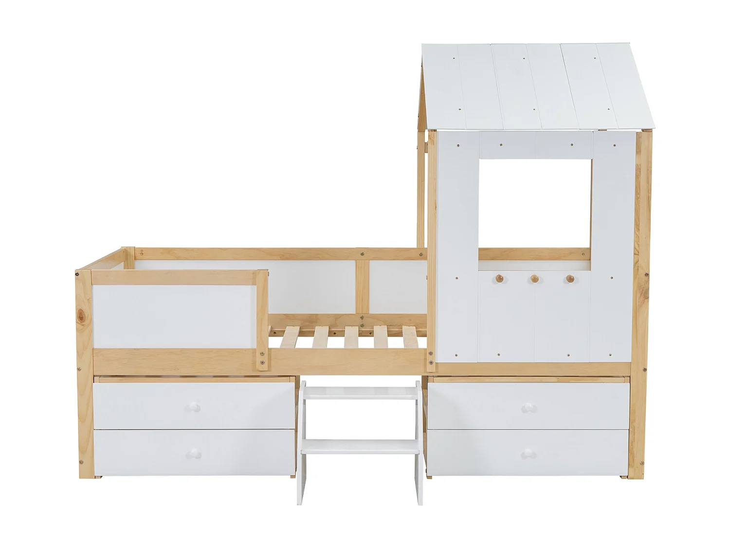 Cama infantil media altura, cama-casita, techo, ventana, valla 4 lados, 4 cajones, escalera, pino+MDF+contrachapado, blanco+natural, 90x200cm