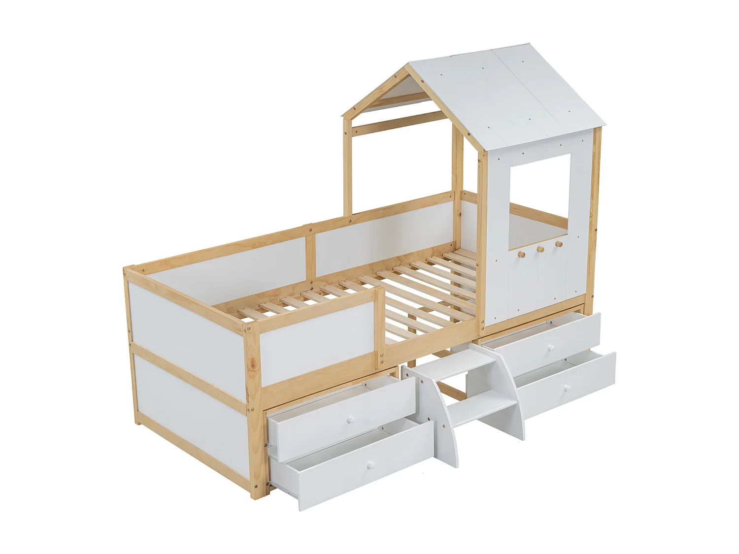 Cama infantil media altura, cama-casita, techo, ventana, valla 4 lados, 4 cajones, escalera, pino+MDF+contrachapado, blanco+natural, 90x200cm