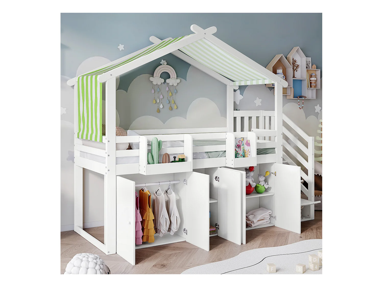 Lit superposé enfant, porte de sécurité, 1 armoire + 2 casiers, 3 casiers échelle, tissu rayé, pin + MDF + contreplaqué, blanc + vert, 90x200cm