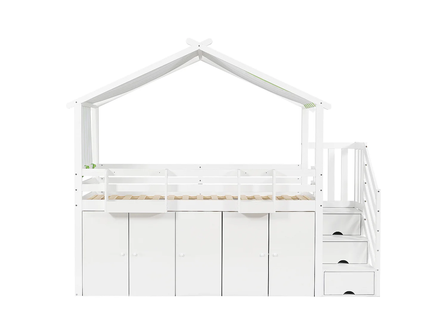 Lit superposé enfant, porte de sécurité, 1 armoire + 2 casiers, 3 casiers échelle, tissu rayé, pin + MDF + contreplaqué, blanc + vert, 90x200cm