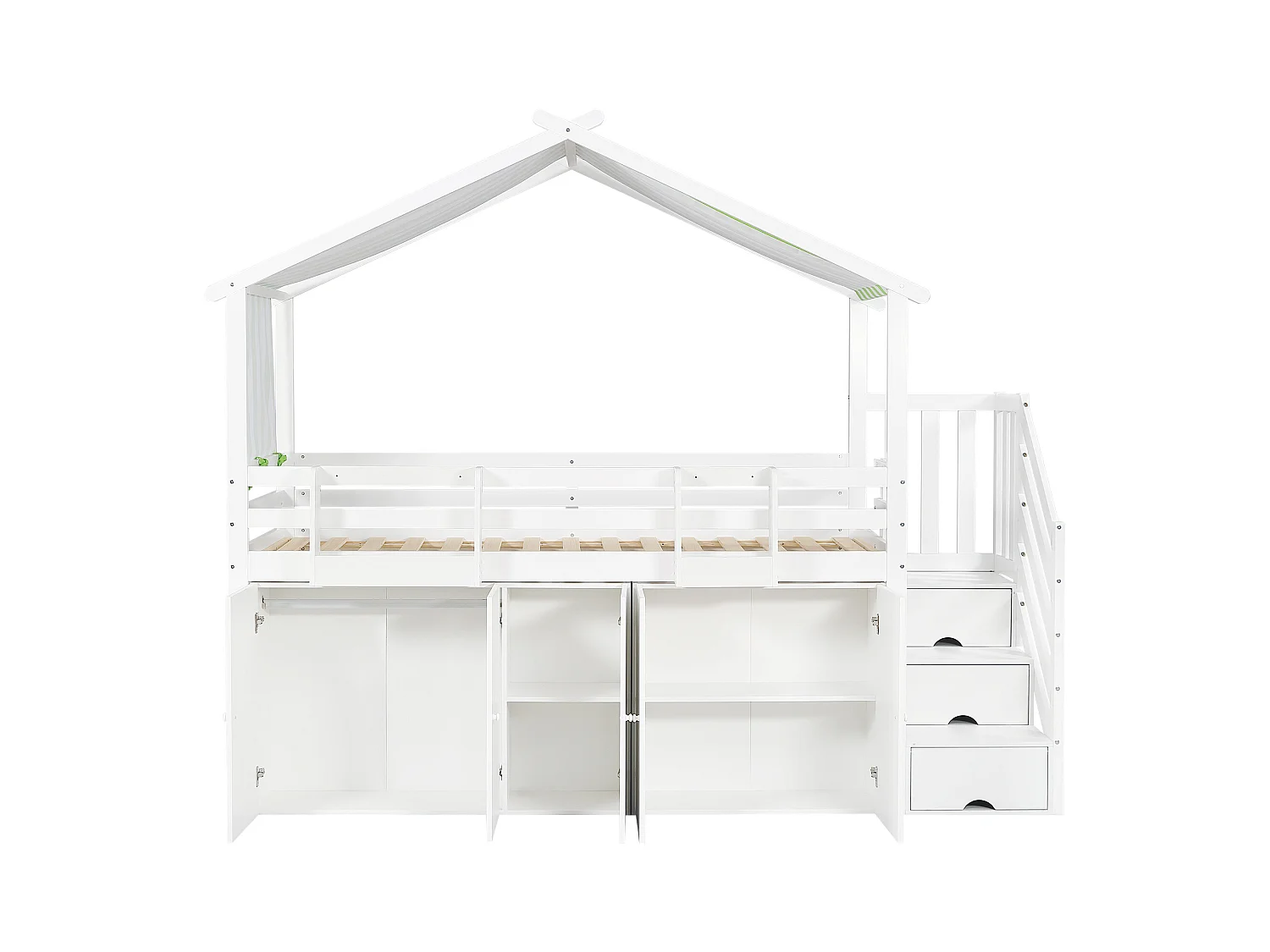 Lit superposé enfant, porte de sécurité, 1 armoire + 2 casiers, 3 casiers échelle, tissu rayé, pin + MDF + contreplaqué, blanc + vert, 90x200cm