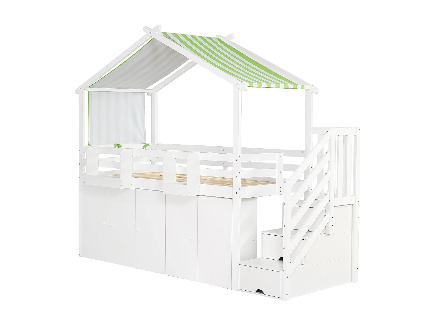 Lit superposé enfant, porte de sécurité, 1 armoire + 2 casiers, 3 casiers échelle, tissu rayé, pin + MDF + contreplaqué, blanc + vert, 90x200cm