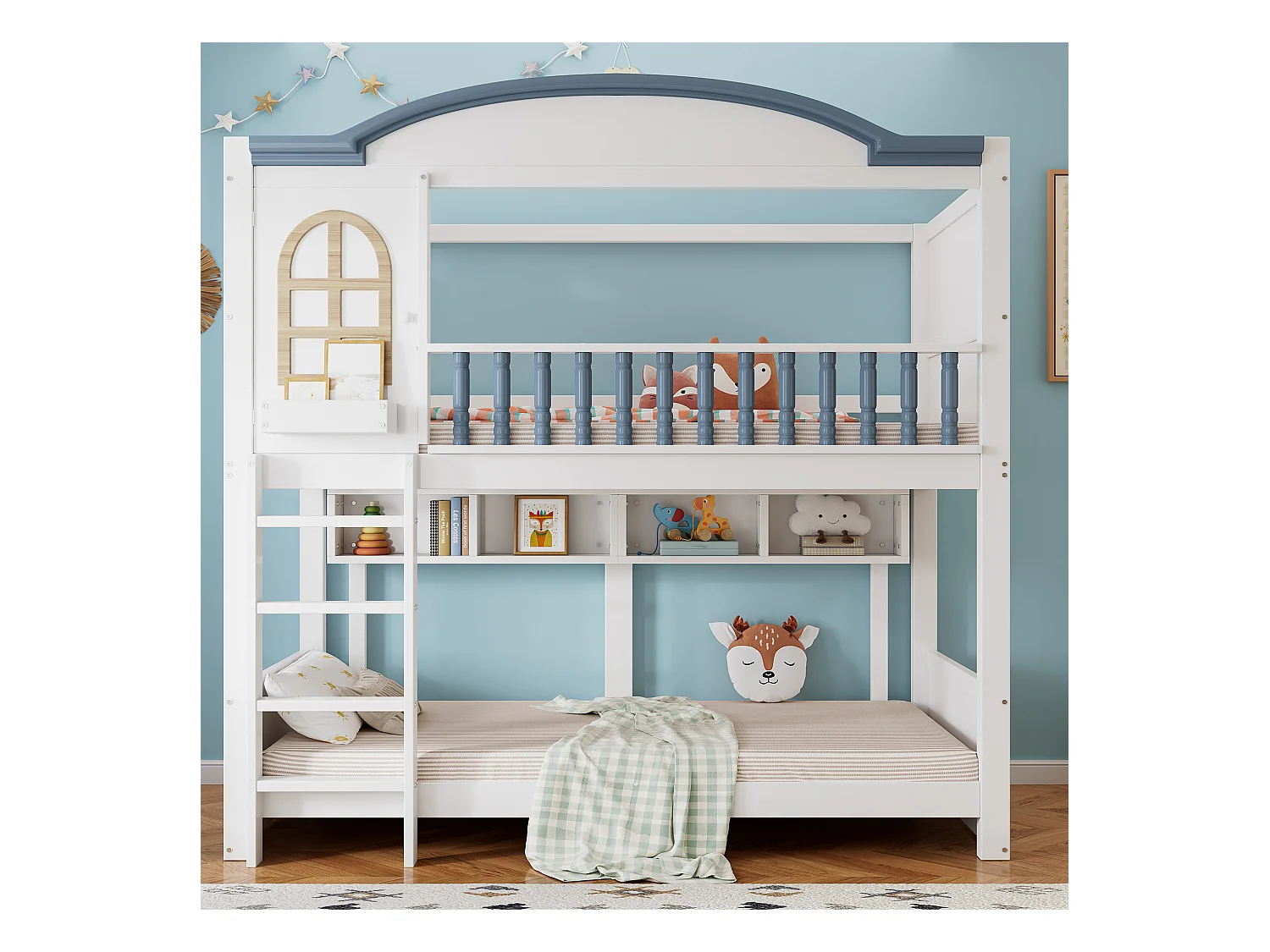 Lit superposé pour enfant, protection, garde-corps, toit, fenêtre, étagère, bois massif, échelle 4 marches, pin + MDF, blanc + bleu, 90 x 200 cm
