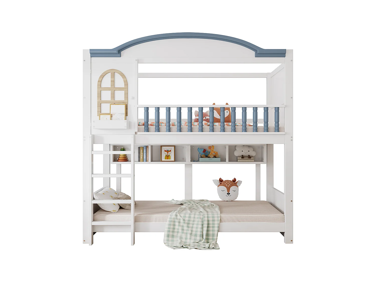 Lit superposé pour enfant, protection, garde-corps, toit, fenêtre, étagère, bois massif, échelle 4 marches, pin + MDF, blanc + bleu, 90 x 200 cm