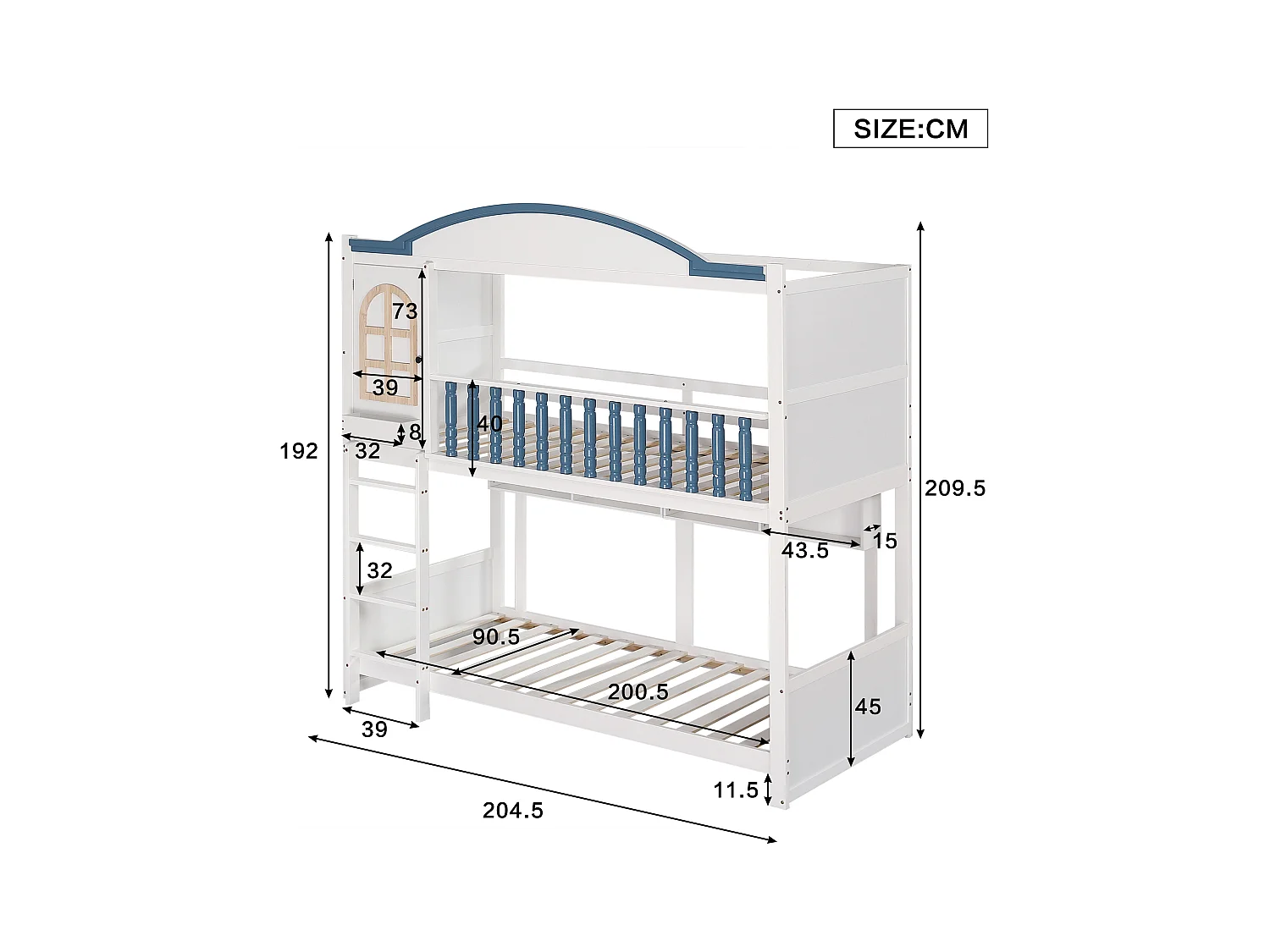 Lit superposé pour enfant, protection, garde-corps, toit, fenêtre, étagère, bois massif, échelle 4 marches, pin + MDF, blanc + bleu, 90 x 200 cm