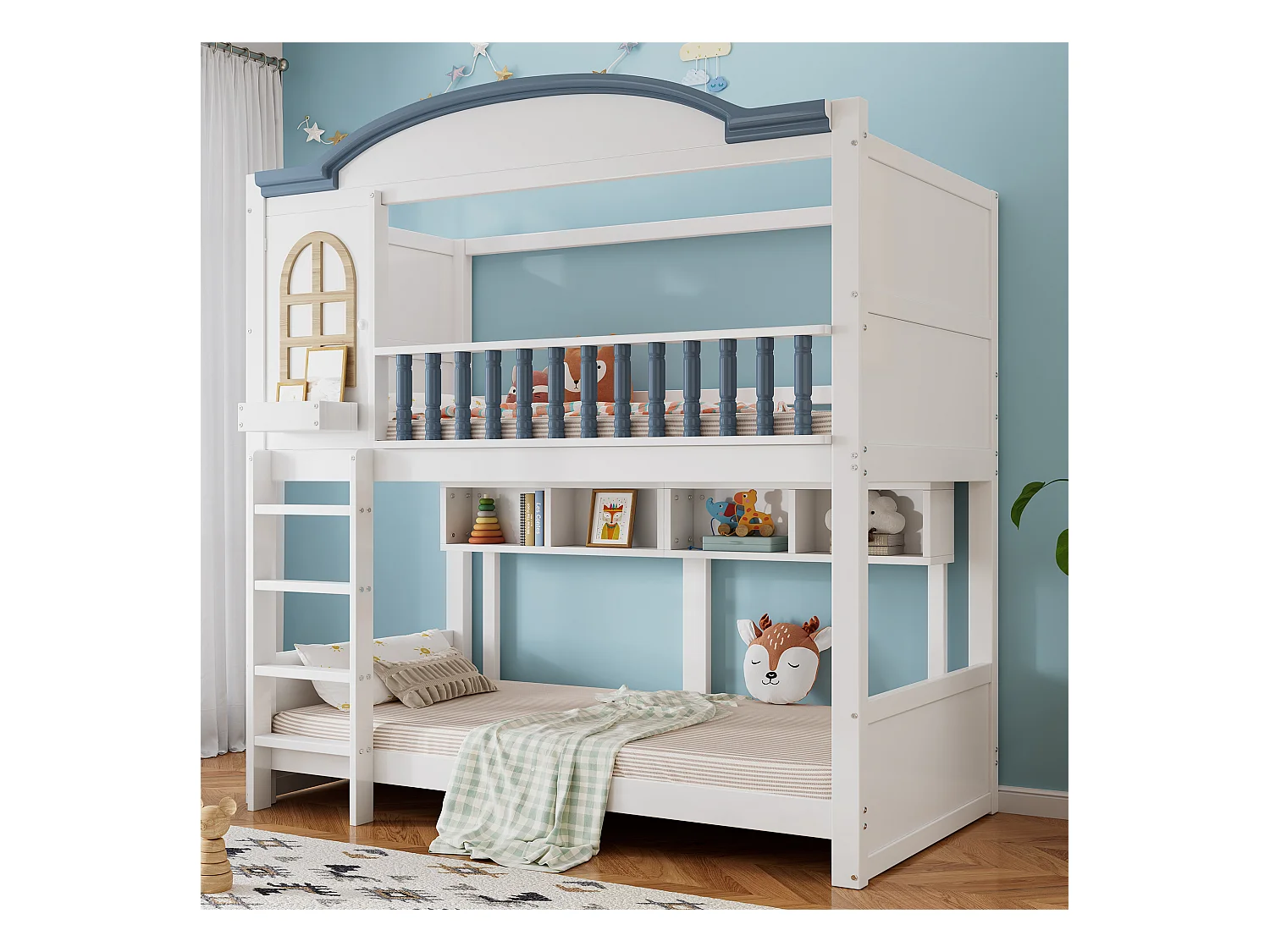 Lit superposé pour enfant, protection, garde-corps, toit, fenêtre, étagère, bois massif, échelle 4 marches, pin + MDF, blanc + bleu, 90 x 200 cm