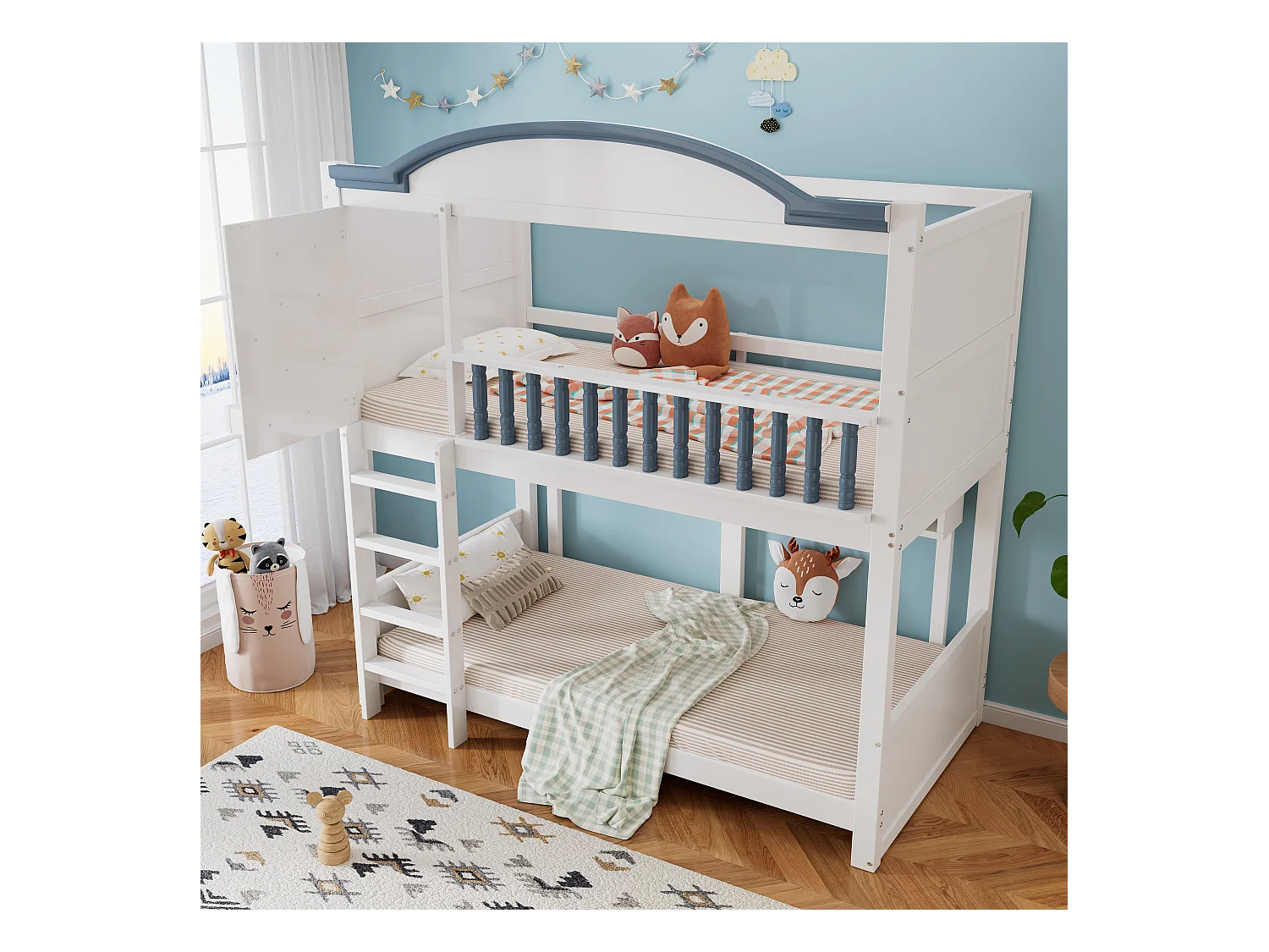 Lit superposé pour enfant, protection, garde-corps, toit, fenêtre, étagère, bois massif, échelle 4 marches, pin + MDF, blanc + bleu, 90 x 200 cm