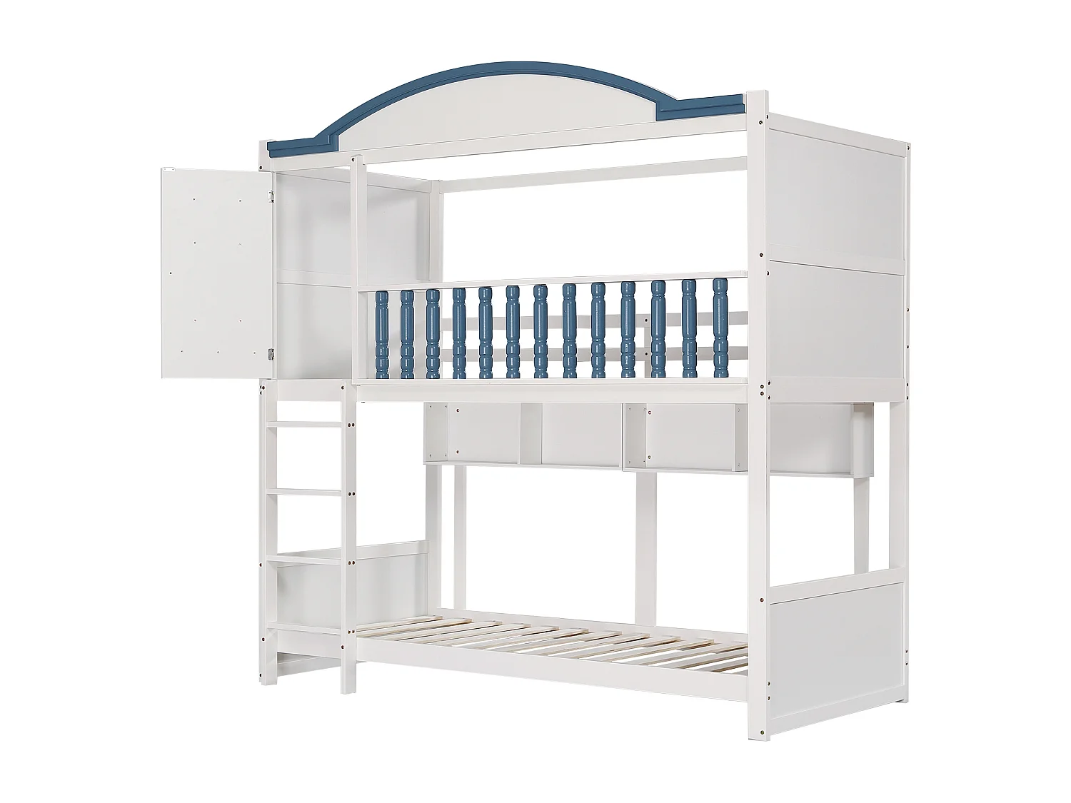 Lit superposé pour enfant, protection, garde-corps, toit, fenêtre, étagère, bois massif, échelle 4 marches, pin + MDF, blanc + bleu, 90 x 200 cm