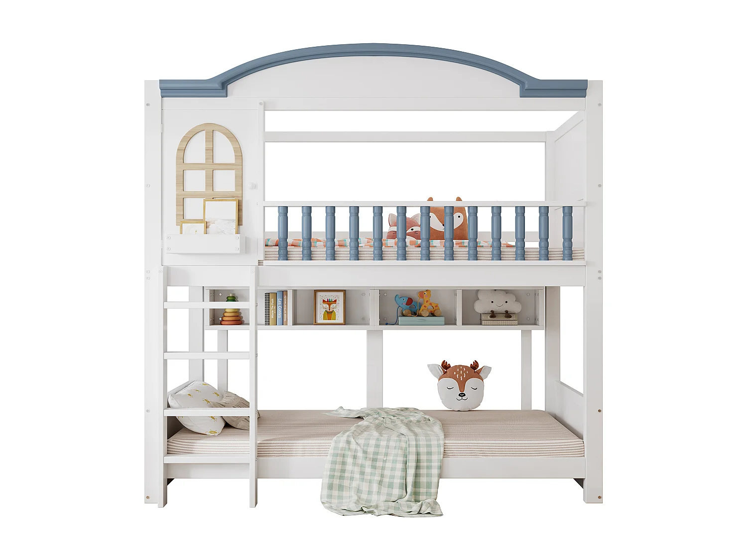 Lit superposé pour enfant, protection, garde-corps, toit, fenêtre, étagère, bois massif, échelle 4 marches, pin + MDF, blanc + bleu, 90 x 200 cm