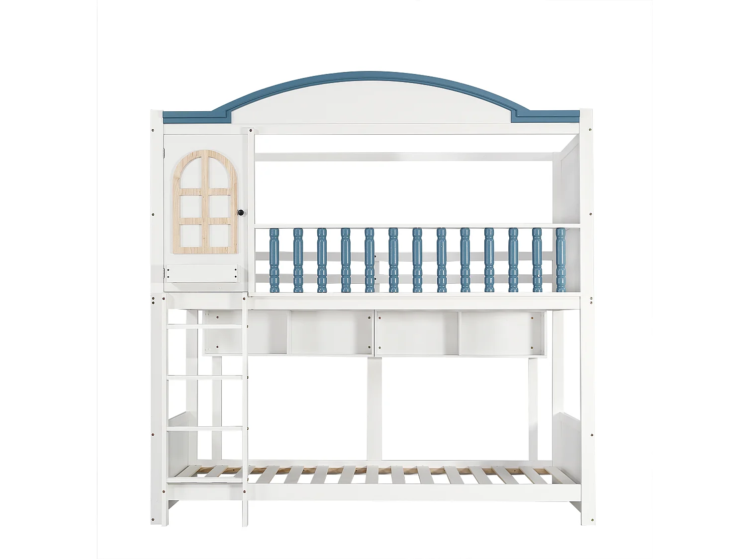 Lit superposé pour enfant, protection, garde-corps, toit, fenêtre, étagère, bois massif, échelle 4 marches, pin + MDF, blanc + bleu, 90 x 200 cm