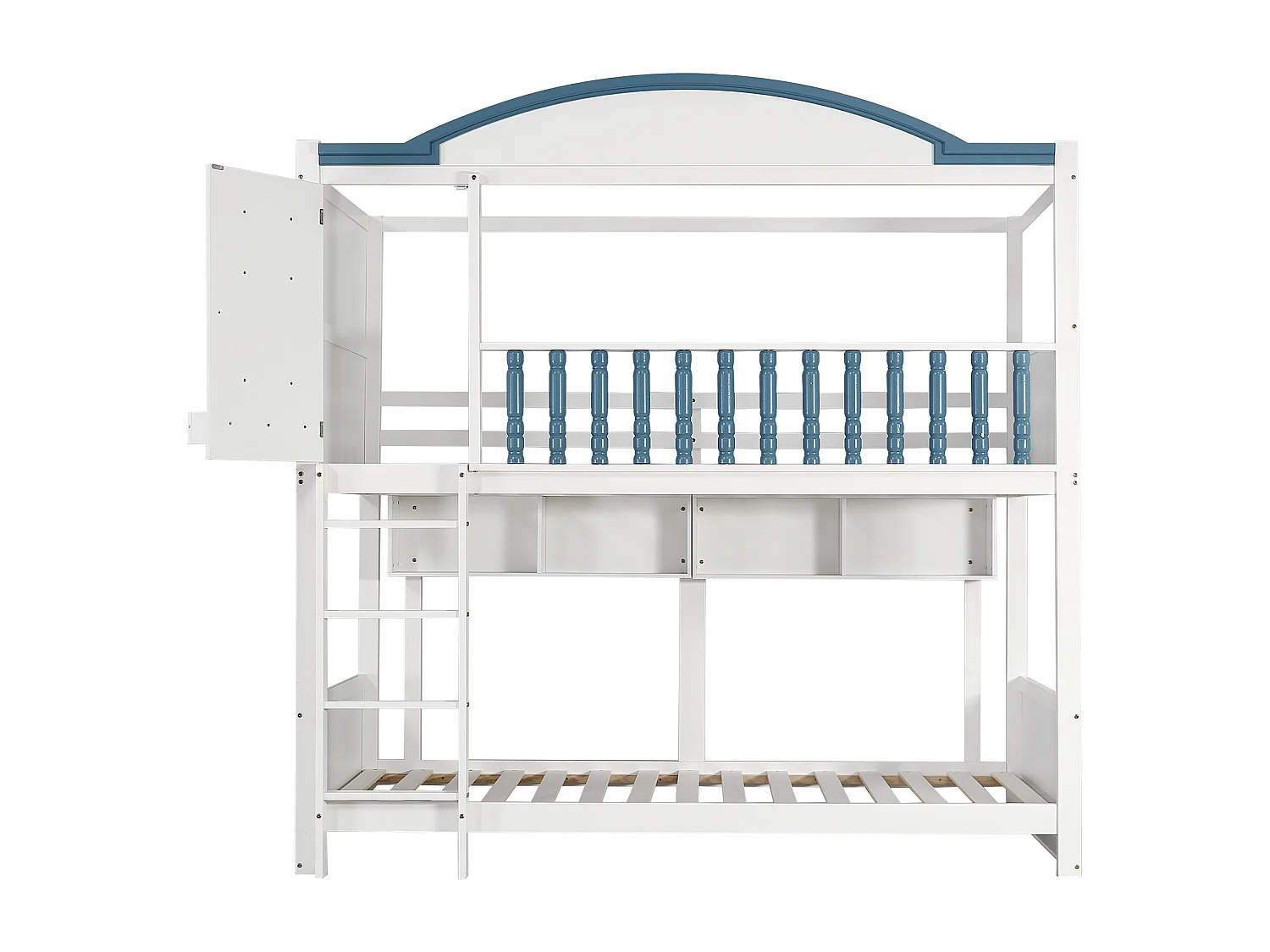 Lit superposé pour enfant, protection, garde-corps, toit, fenêtre, étagère, bois massif, échelle 4 marches, pin + MDF, blanc + bleu, 90 x 200 cm