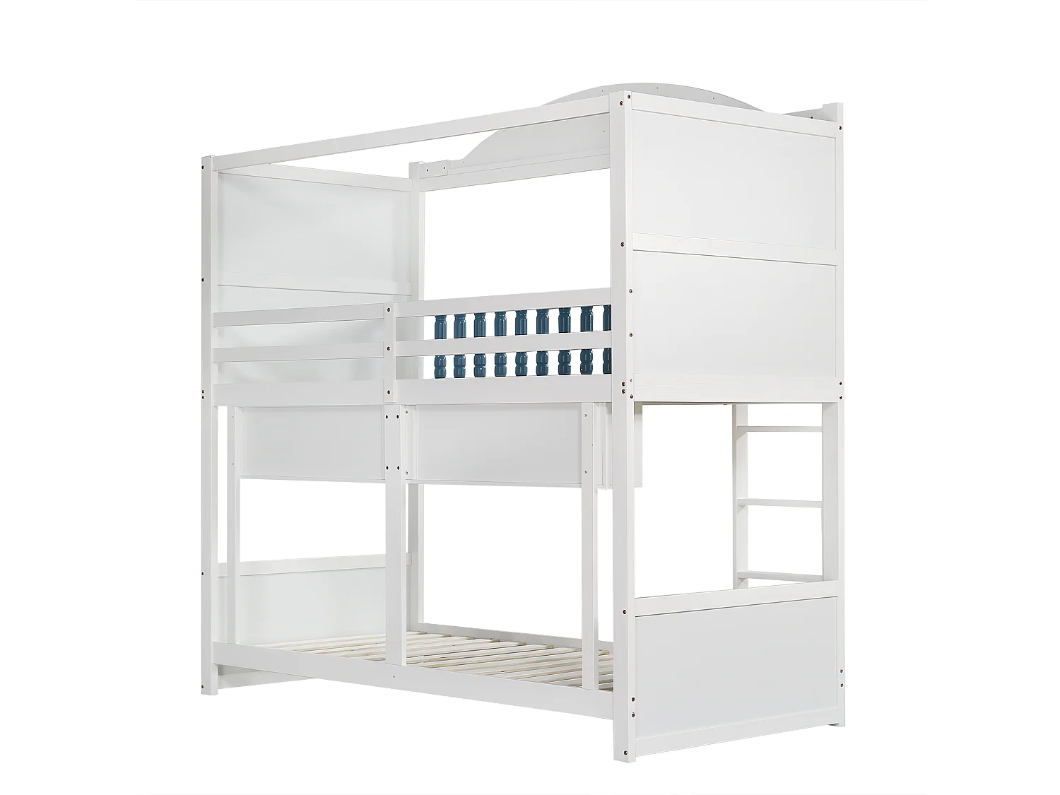 Lit superposé pour enfant, protection, garde-corps, toit, fenêtre, étagère, bois massif, échelle 4 marches, pin + MDF, blanc + bleu, 90 x 200 cm