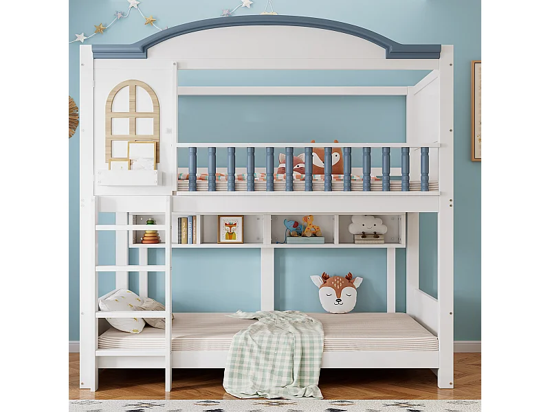 Stapelbed voor kinderen, bescherming, leuningen, dak, raam, plank, massief hout, 4-traps ladder, grenen + MDF, wit + blauw, 90 x 200 cm