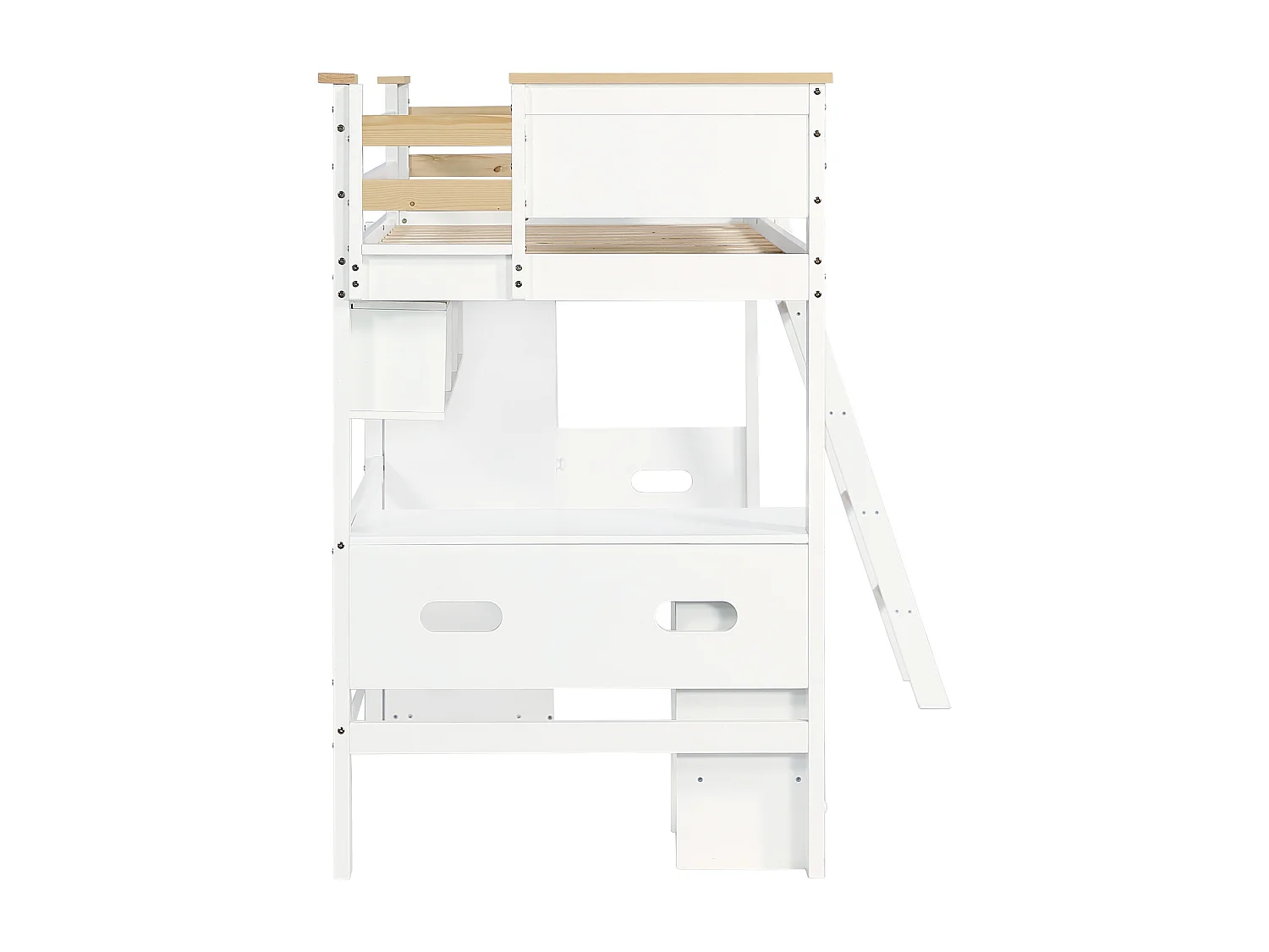 Kinder-Etagenbett, Schutzgitter, Tisch, Kleiderschrank, Regal, Ablage, 4-Stufen-Leiter, Kiefer+MDF+Sperrholz, weiß+natur, 90x200cm