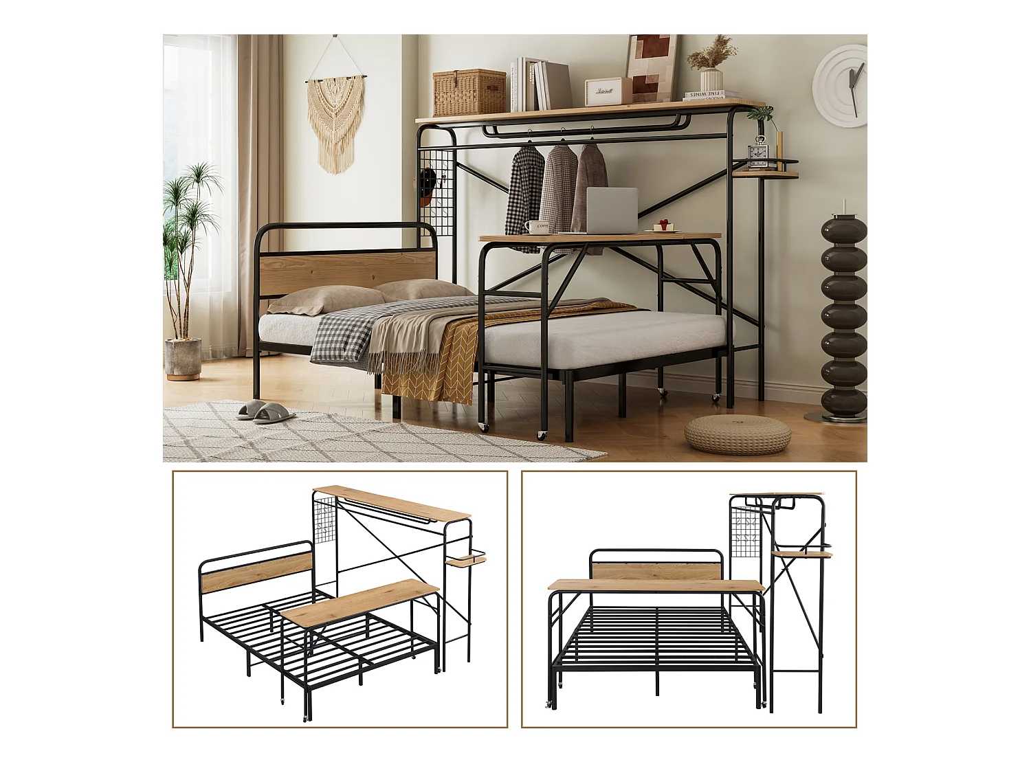 Lit en métal, lits plats + table + porte-manteau, table sur roulettes, ensemble de chambre, ado/adulte, métal + MDF, noir + naturel, 140x200cm