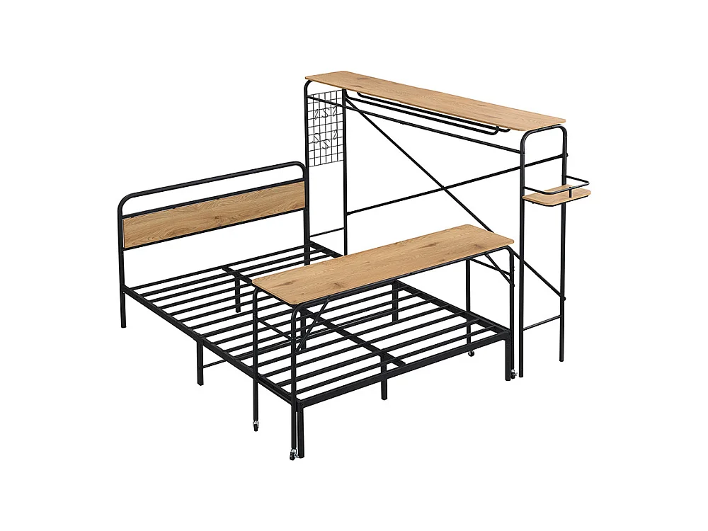 Lit en métal, lits plats + table + porte-manteau, table sur roulettes, ensemble de chambre, ado/adulte, métal + MDF, noir + naturel, 140x200cm