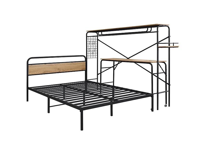 Lit en métal, lits plats + table + porte-manteau, table sur roulettes, ensemble de chambre, ado/adulte, métal + MDF, noir + naturel, 140x200cm