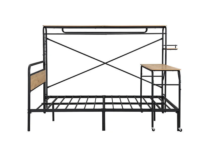Lit en métal, lits plats + table + porte-manteau, table sur roulettes, ensemble de chambre, ado/adulte, métal + MDF, noir + naturel, 140x200cm