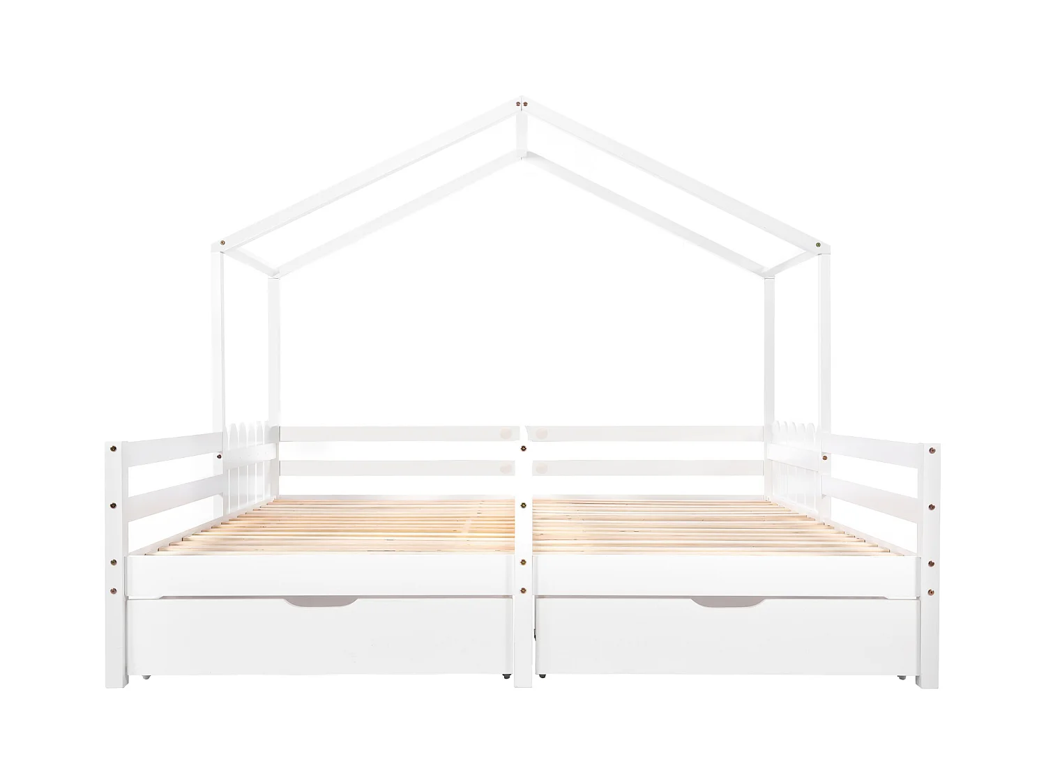 Cama de casal, cama de criança, berço com 2 gavetas em MDF, gavetas com rodízios, estrutura de ripas de pinho, branco (200x90cm)