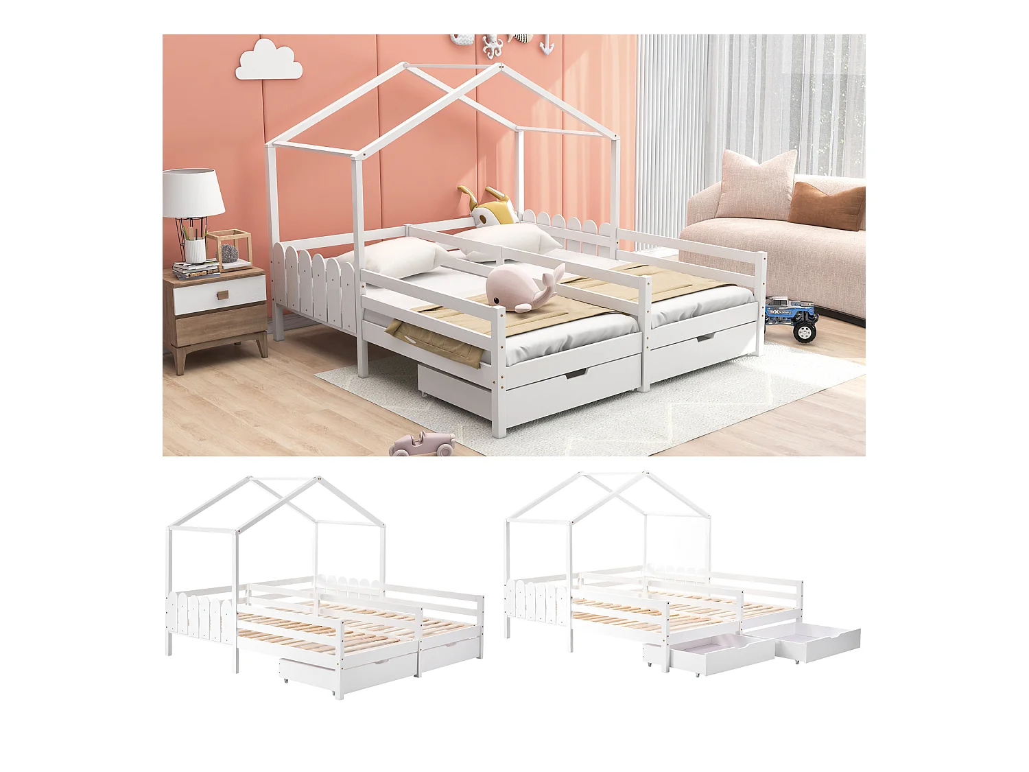 Cama de casal, cama de criança, berço com 2 gavetas em MDF, gavetas com rodízios, estrutura de ripas de pinho, branco (200x90cm)