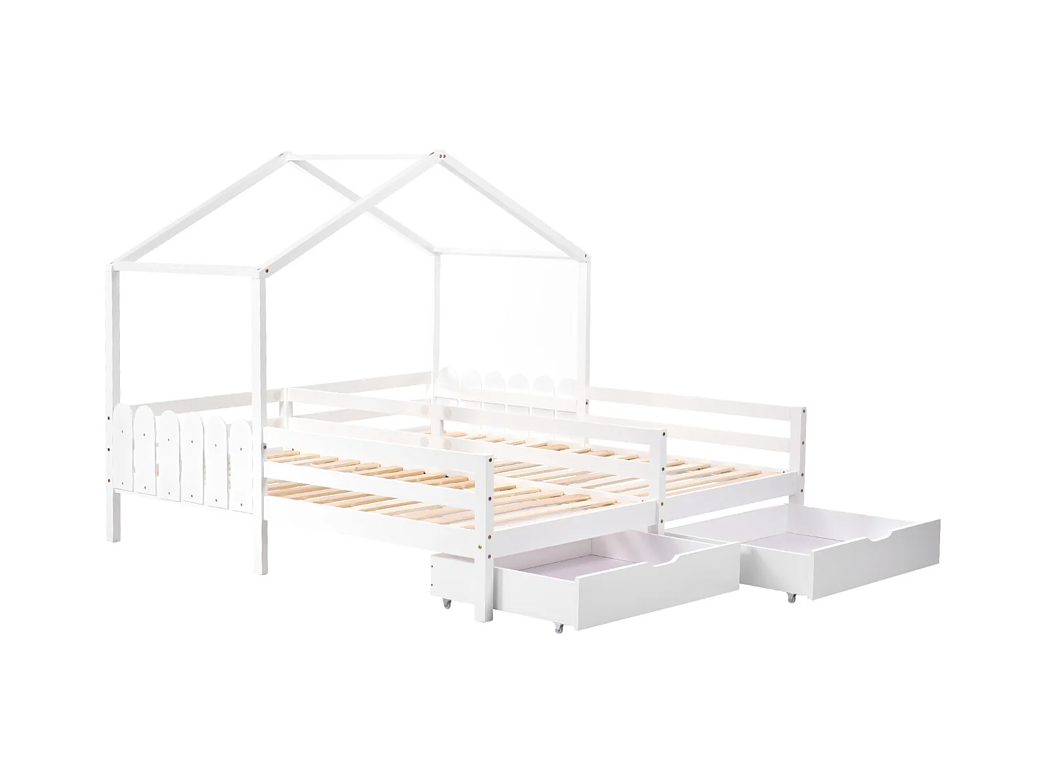 Cama de casal, cama de criança, berço com 2 gavetas em MDF, gavetas com rodízios, estrutura de ripas de pinho, branco (200x90cm)