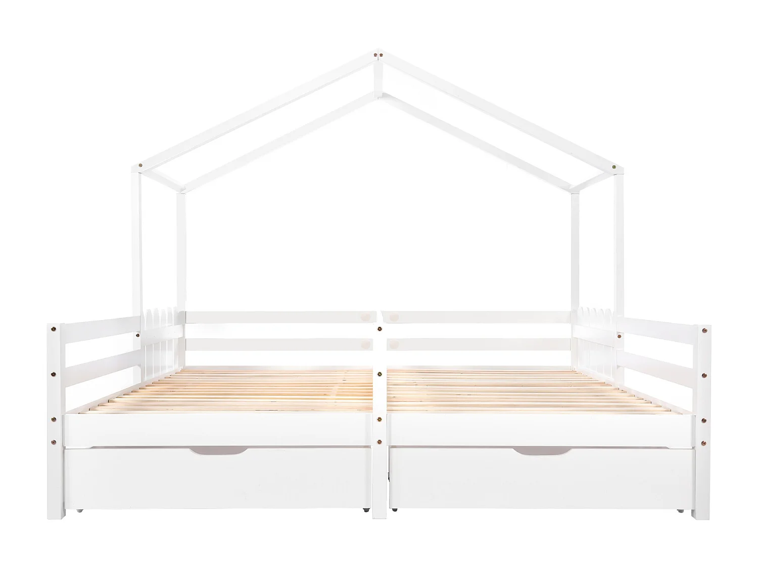 Cama de casal, cama de criança, berço com 2 gavetas em MDF, gavetas com rodízios, estrutura de ripas de pinho, branco (200x90cm)