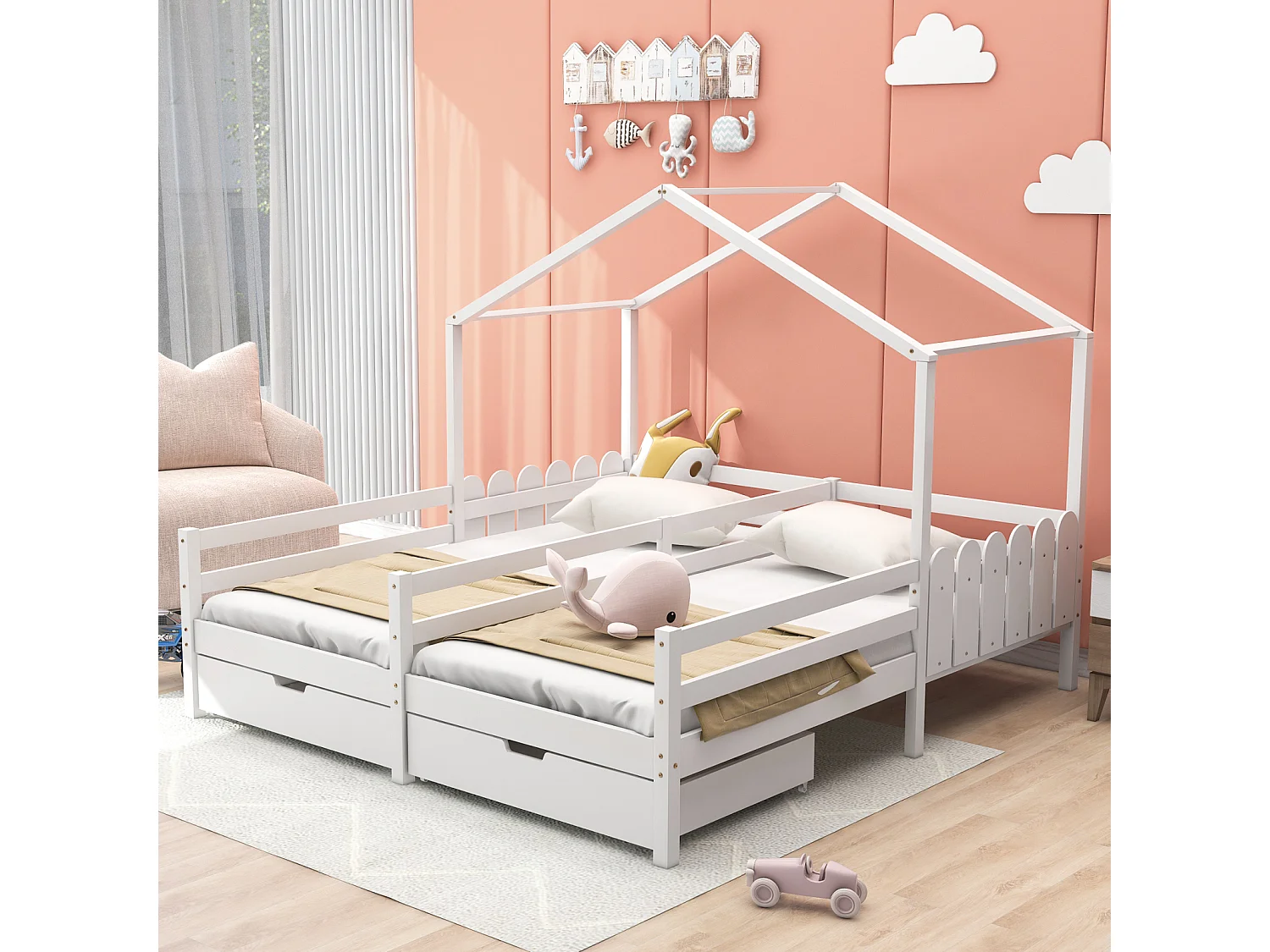 Cama de casal, cama de criança, berço com 2 gavetas em MDF, gavetas com rodízios, estrutura de ripas de pinho, branco (200x90cm)