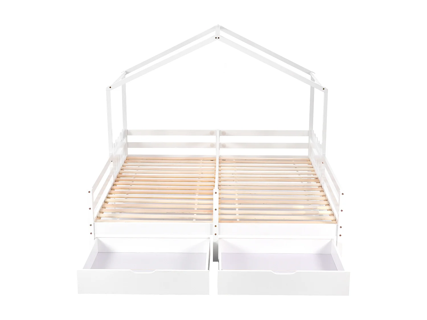 Cama de casal, cama de criança, berço com 2 gavetas em MDF, gavetas com rodízios, estrutura de ripas de pinho, branco (200x90cm)