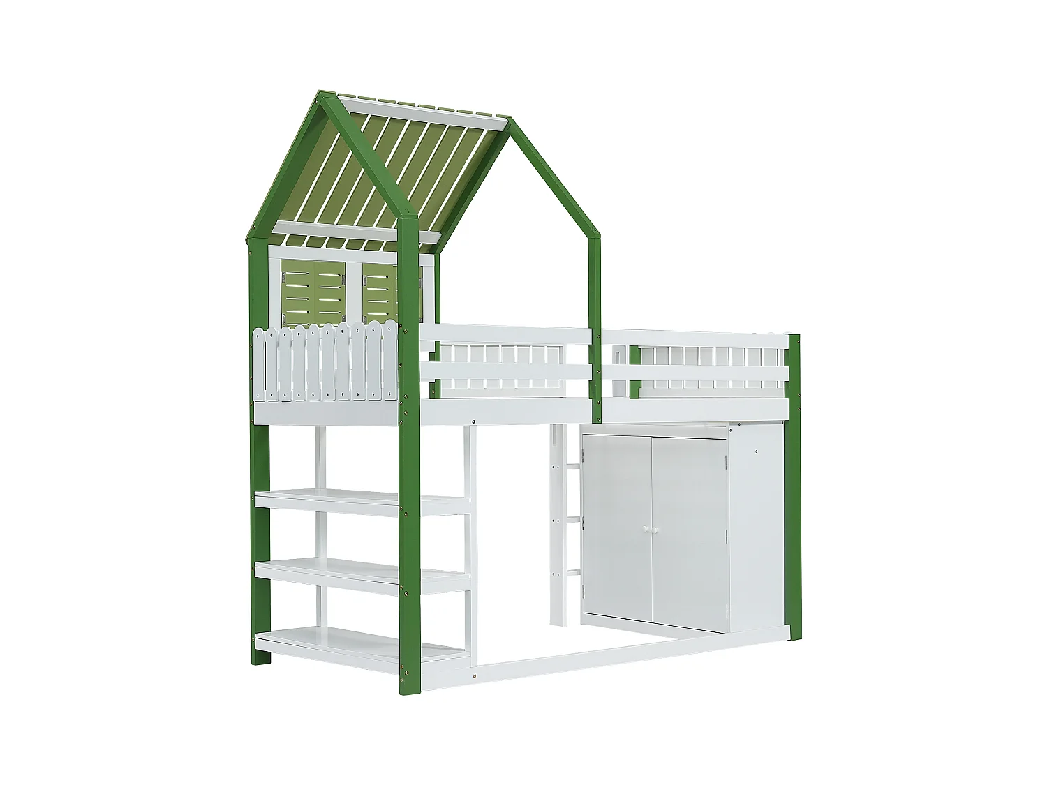 Kinderhochbett, Sicherheitstür, Dach, Fenster, Stauraum (Schrank), 3-stöckiges Regal, 3-stufige Leiter, Kiefer+MDF+Sperrholz, 90x200